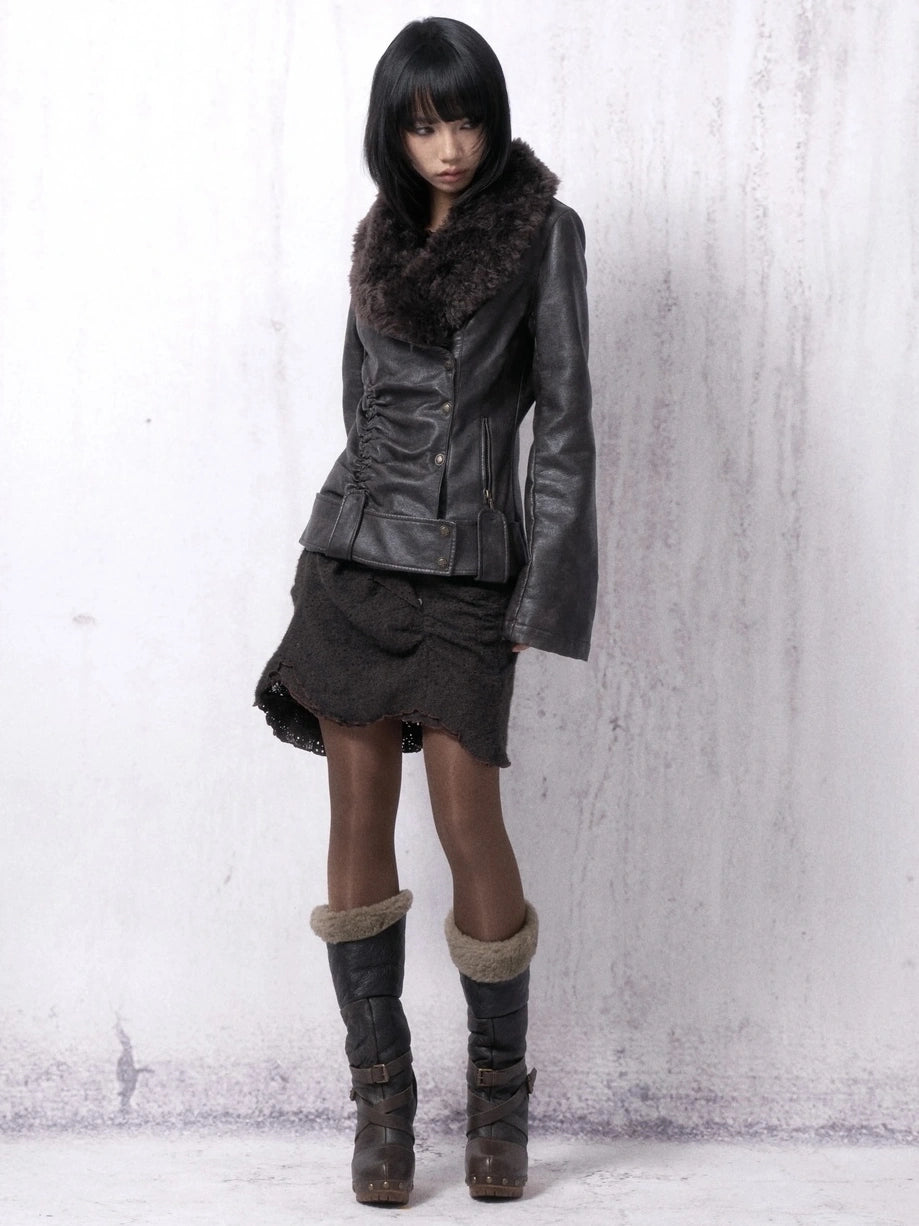 OPEN AESTHETIC Warm Pu Leather Slim Fit Fur Collar Lapel Vintage Women Pebble Grain Jacket