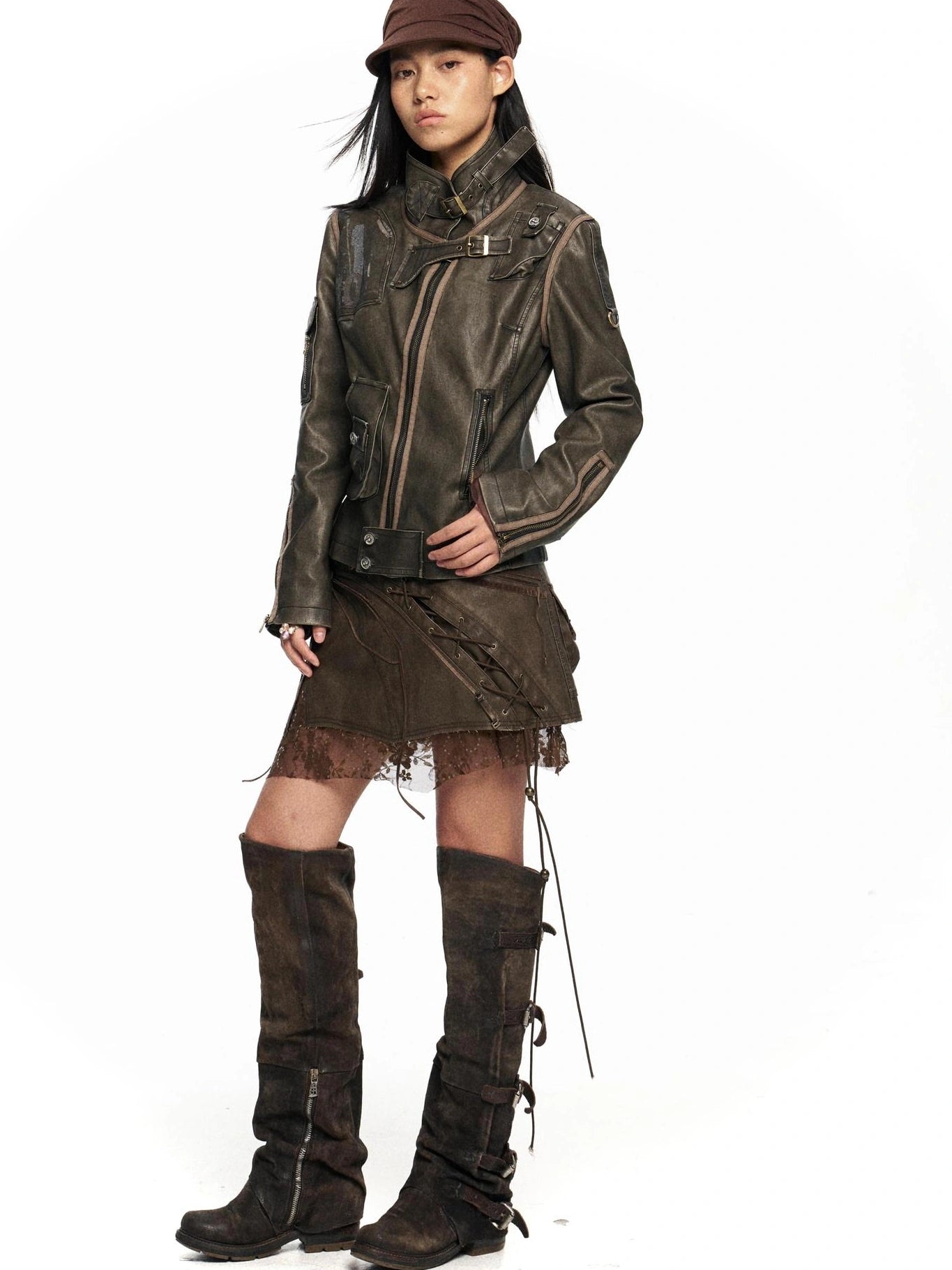 OPEN AESTHETIC Washed Faux Leather Distressed Stand Collar Zip Up Women Slim Fit Biker Jacket