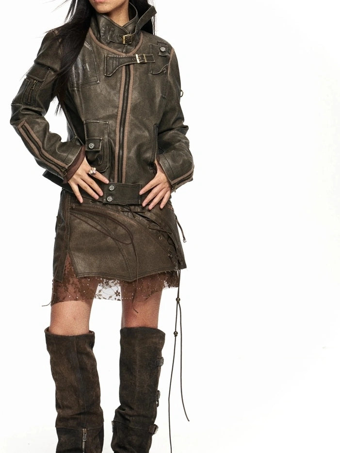 OPEN AESTHETIC Washed Faux Leather Distressed Stand Collar Zip Up Women Slim Fit Biker Jacket
