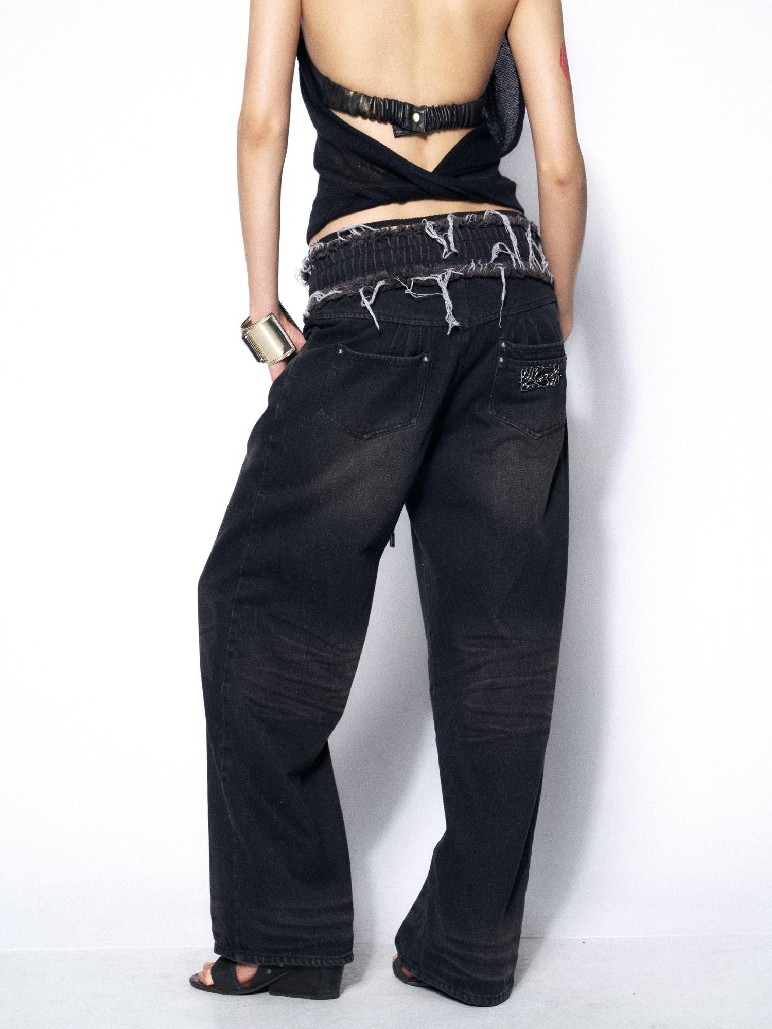 OPEN AESTHETIC Washed Frayed Hem Ribbed Splice Elastic Waist Women&