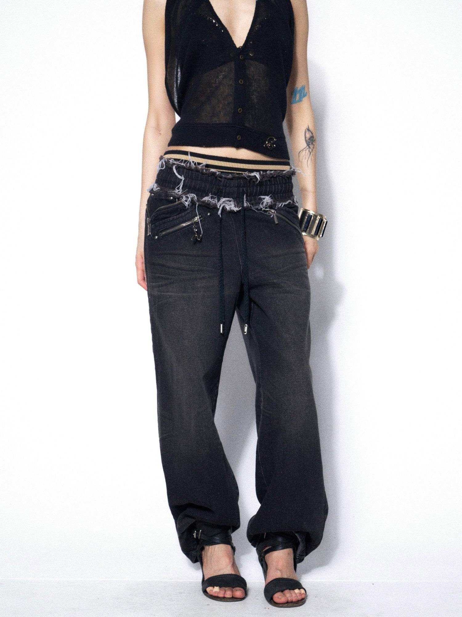 OPEN AESTHETIC Washed Frayed Hem Ribbed Splice Elastic Waist Women&