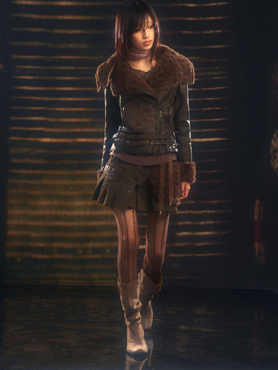 OPEN AESTHETIC Windproof Faux Fur Embroidered Slim Fit Cropped Zip Up Women Brown Jacket