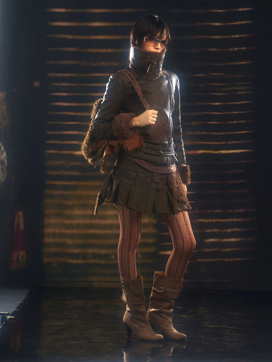 OPEN AESTHETIC Windproof Faux Fur Embroidered Slim Fit Cropped Zip Up Women Brown Jacket