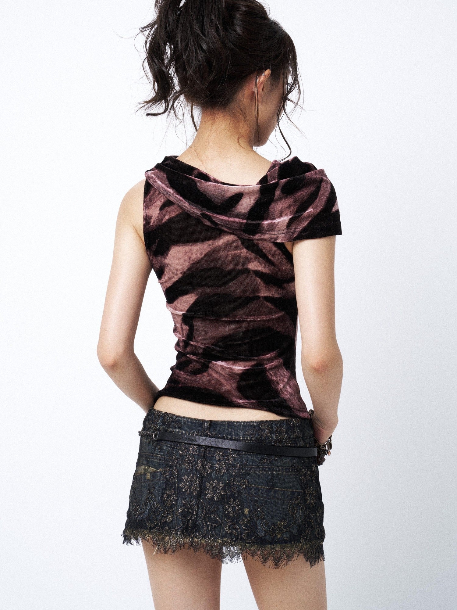 OPEN AESTHETIC Zebra Print Lace Patchwork Tie V-neckline Women&