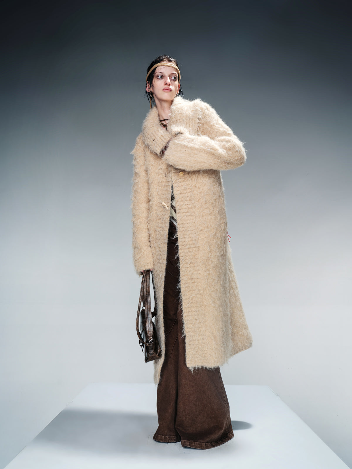 NN NORTH NODE Long Knit Cardigan With Brushed Texture And Shawl Collar
