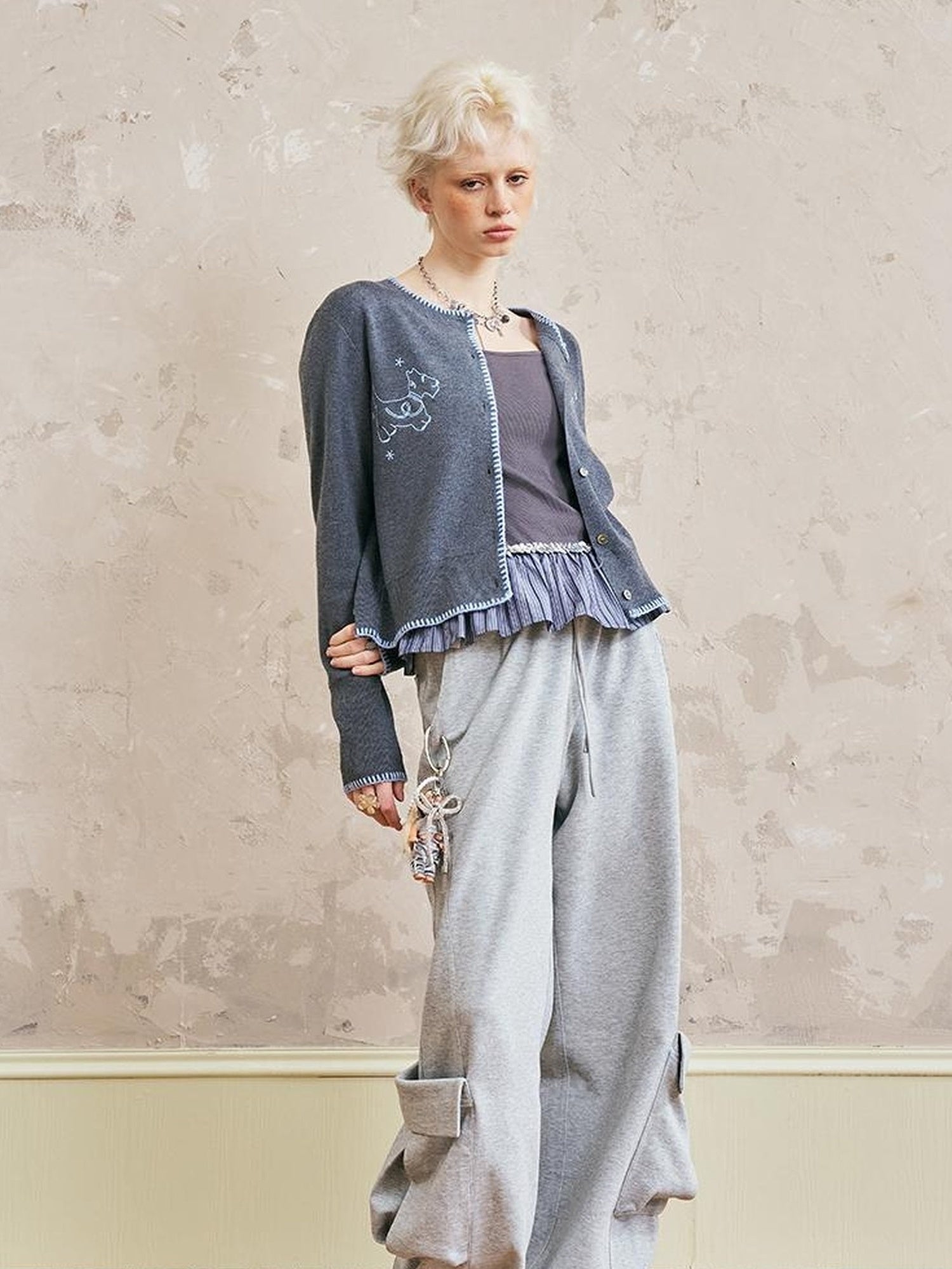 DIDDI MODA Ocean Flora Pearl Shell Tee Lace Trim Camisole Wide Leg Work Pants
