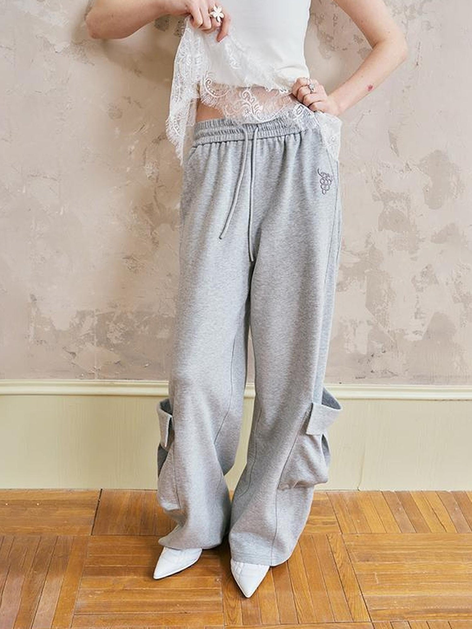 DIDDI MODA Ocean Flora Pearl Shell Tee Lace Trim Camisole Wide Leg Work Pants