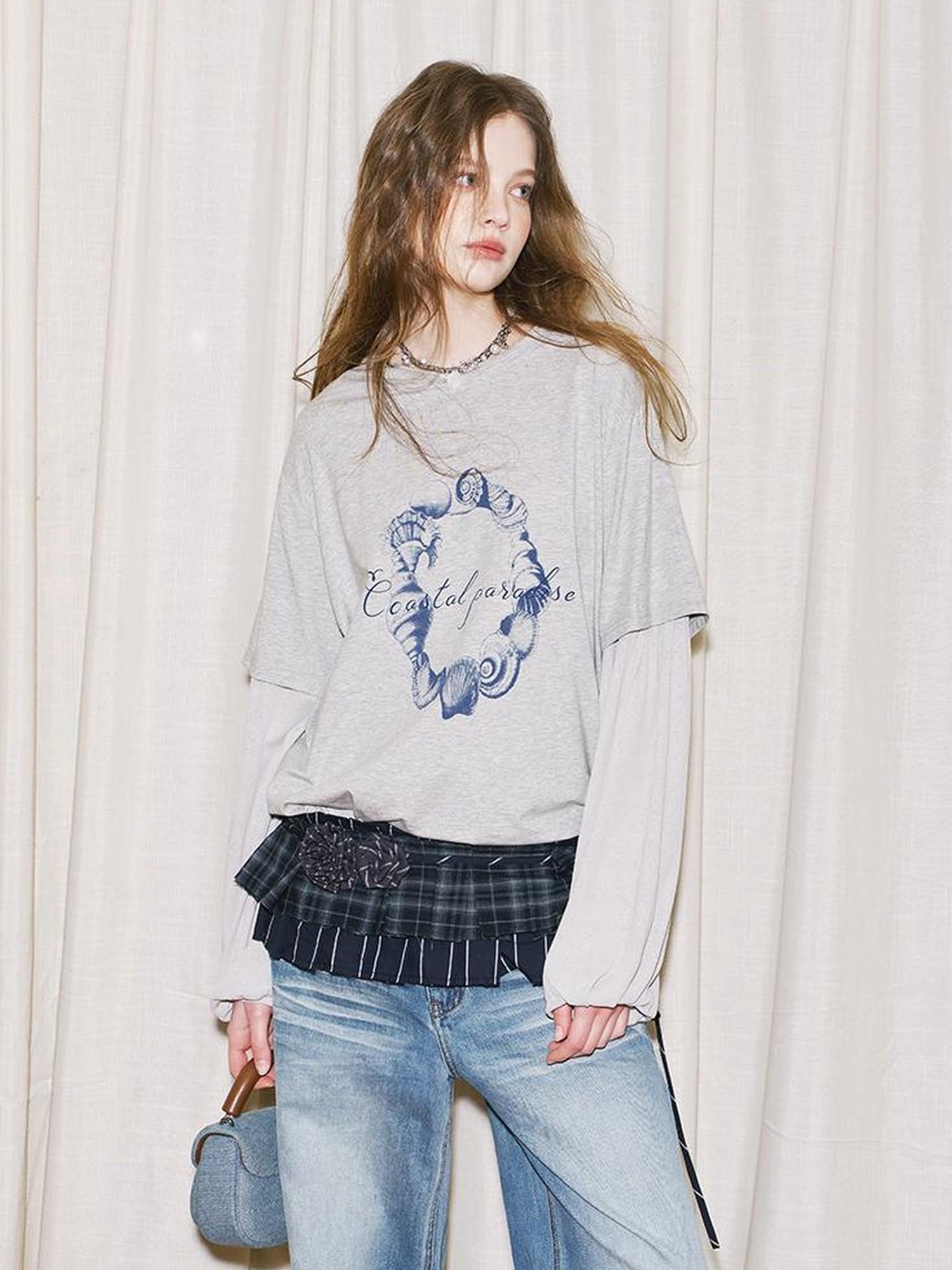 DIDDI MODA Ocean Shell Print Layered Loose Long Sleeve Tee