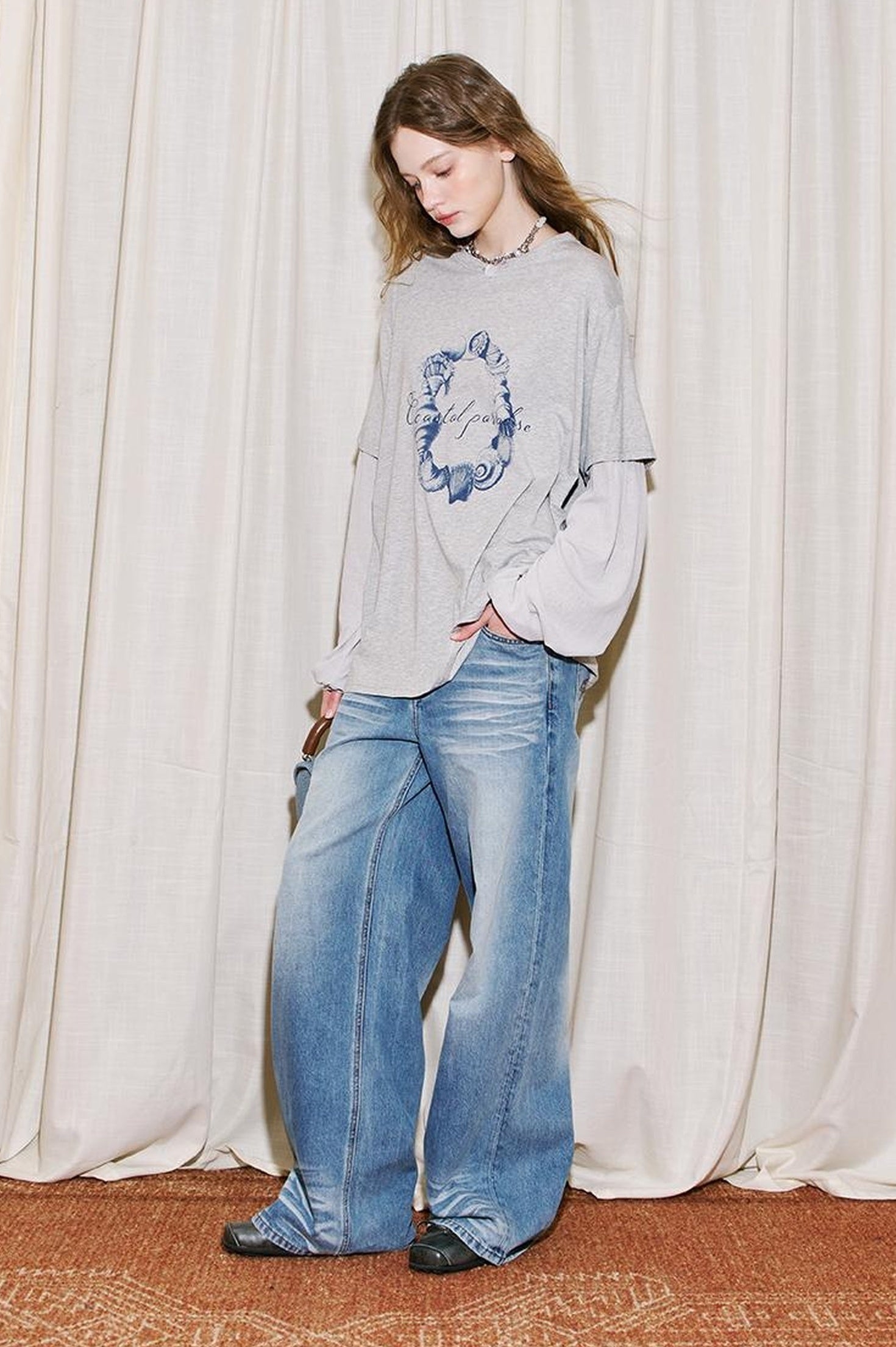 DIDDI MODA Ocean Shell Print Layered Loose Long Sleeve Tee