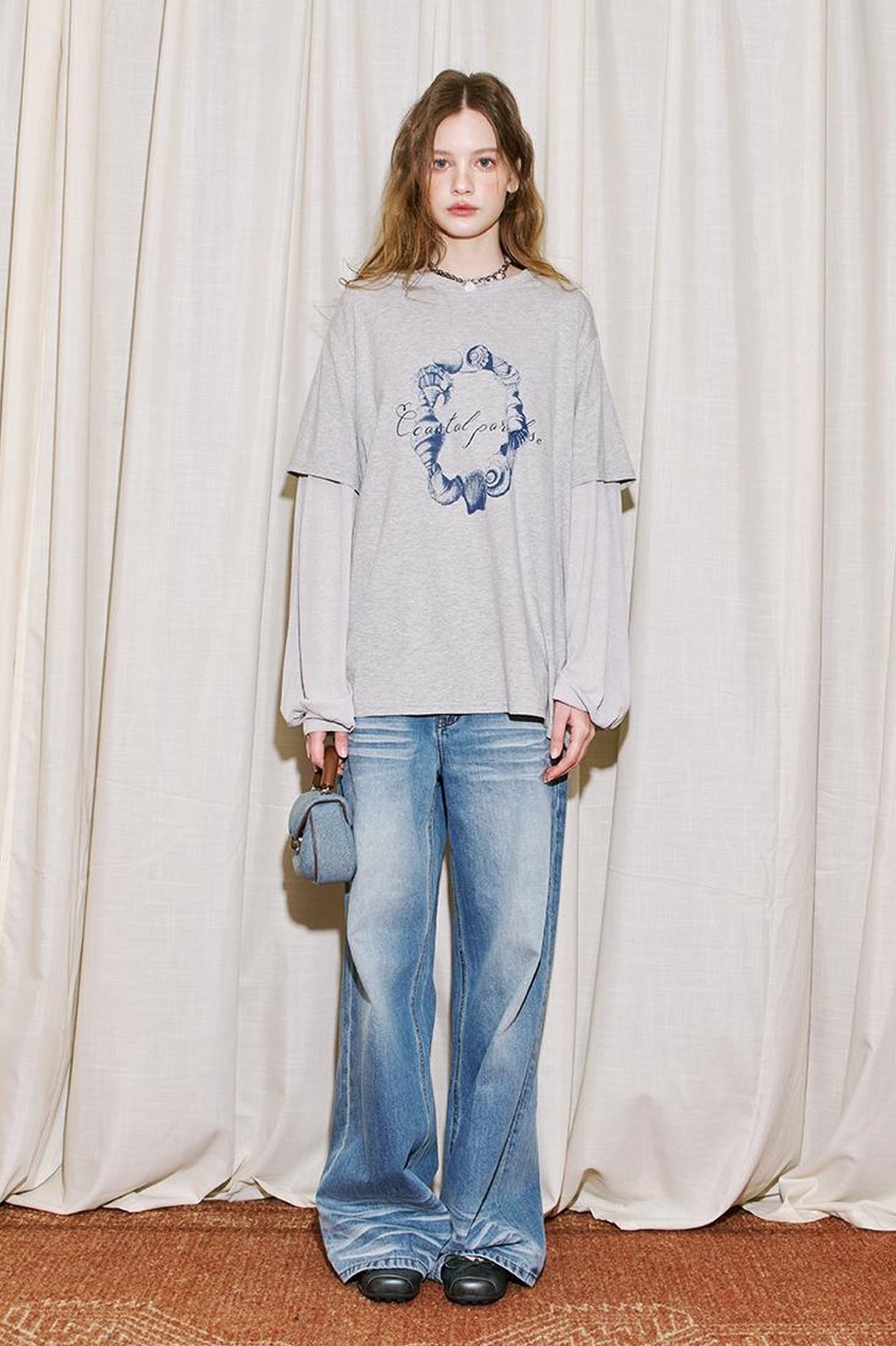 DIDDI MODA Ocean Shell Print Layered Loose Long Sleeve Tee