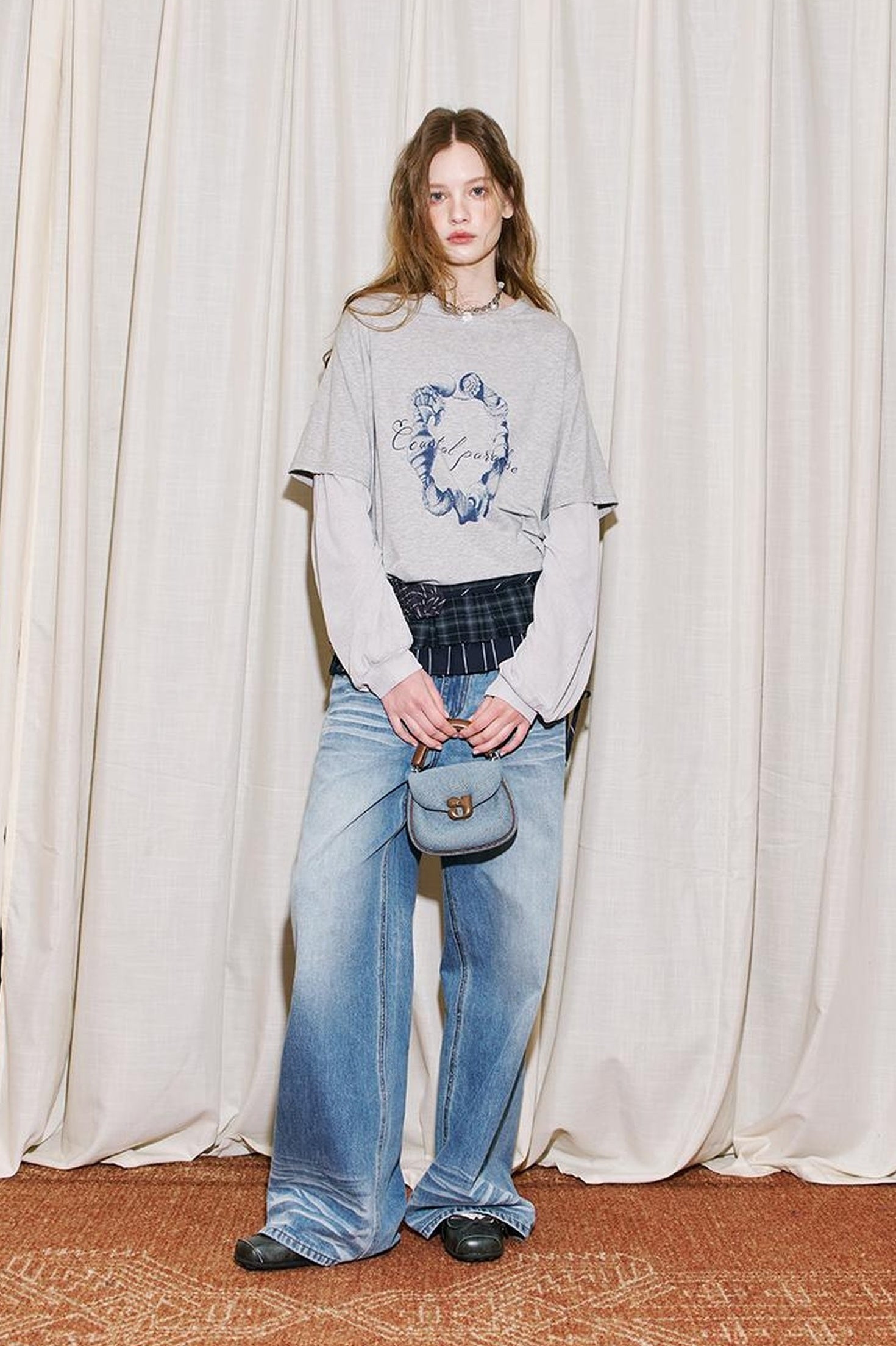 DIDDI MODA Ocean Shell Print Layered Loose Long Sleeve Tee