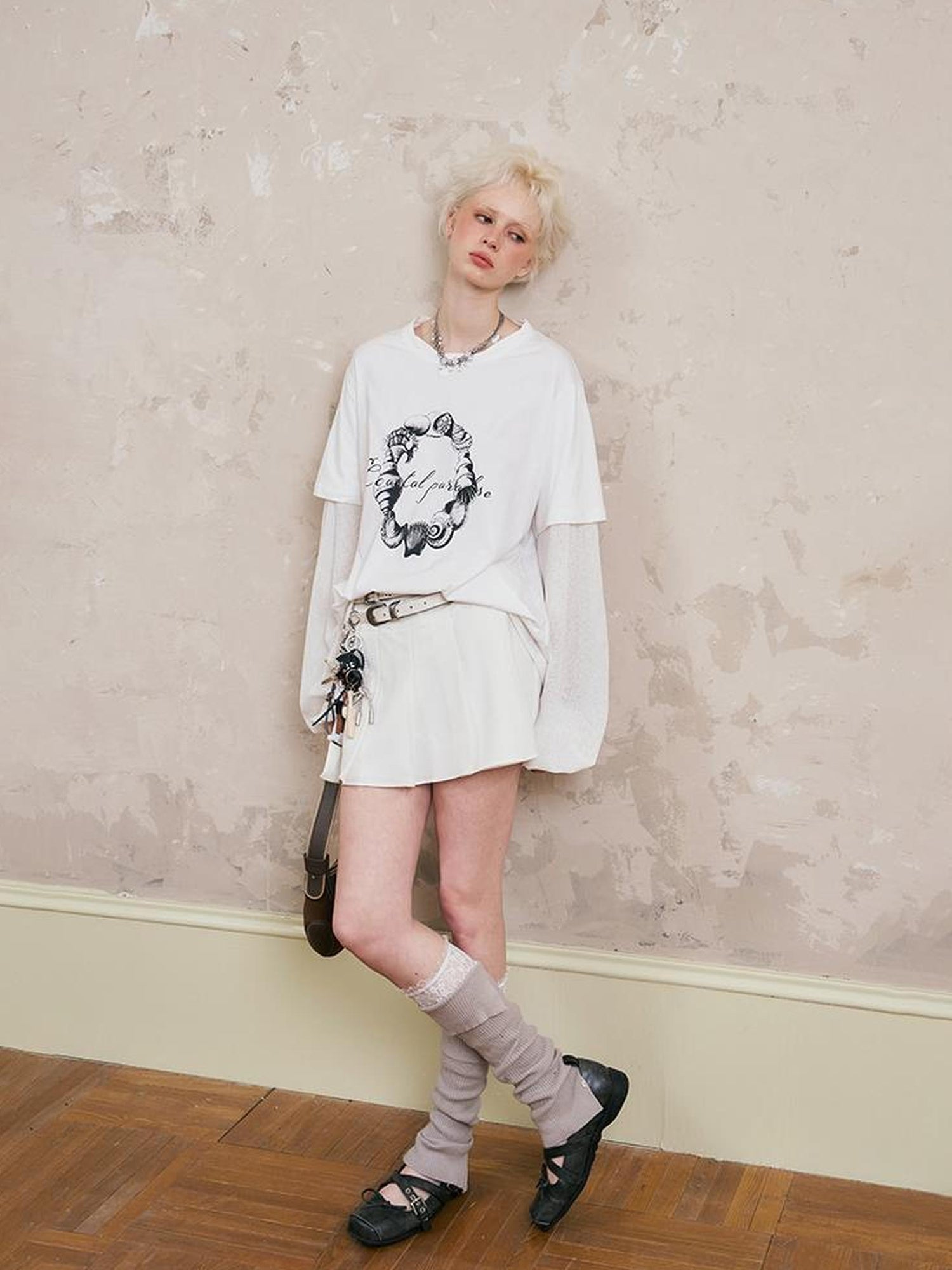 DIDDI MODA Ocean Shell Print Layered Loose Long Sleeve Tee