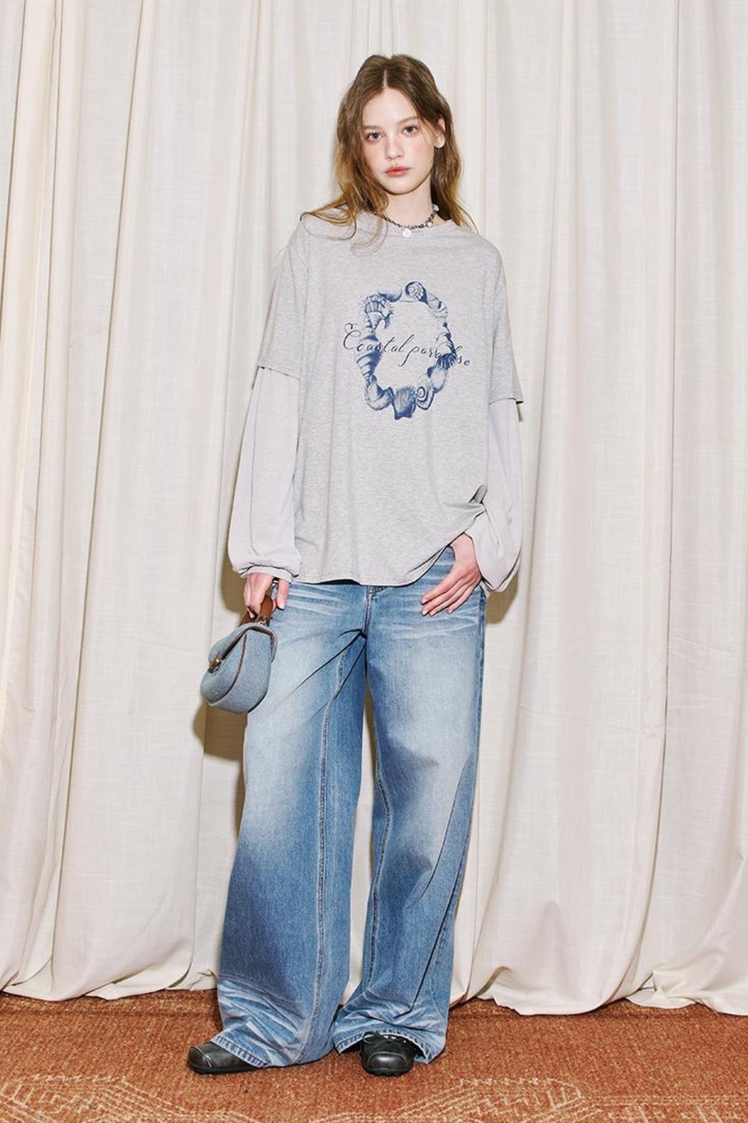 DIDDI MODA Ocean Shell Print Layered Loose Long Sleeve Tee