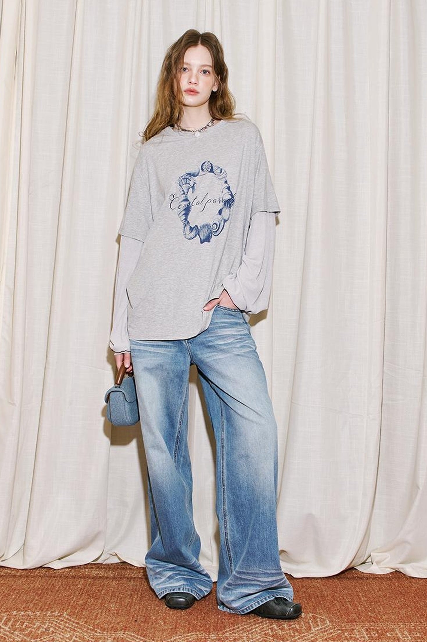 DIDDI MODA Ocean Shell Print Layered Loose Long Sleeve Tee