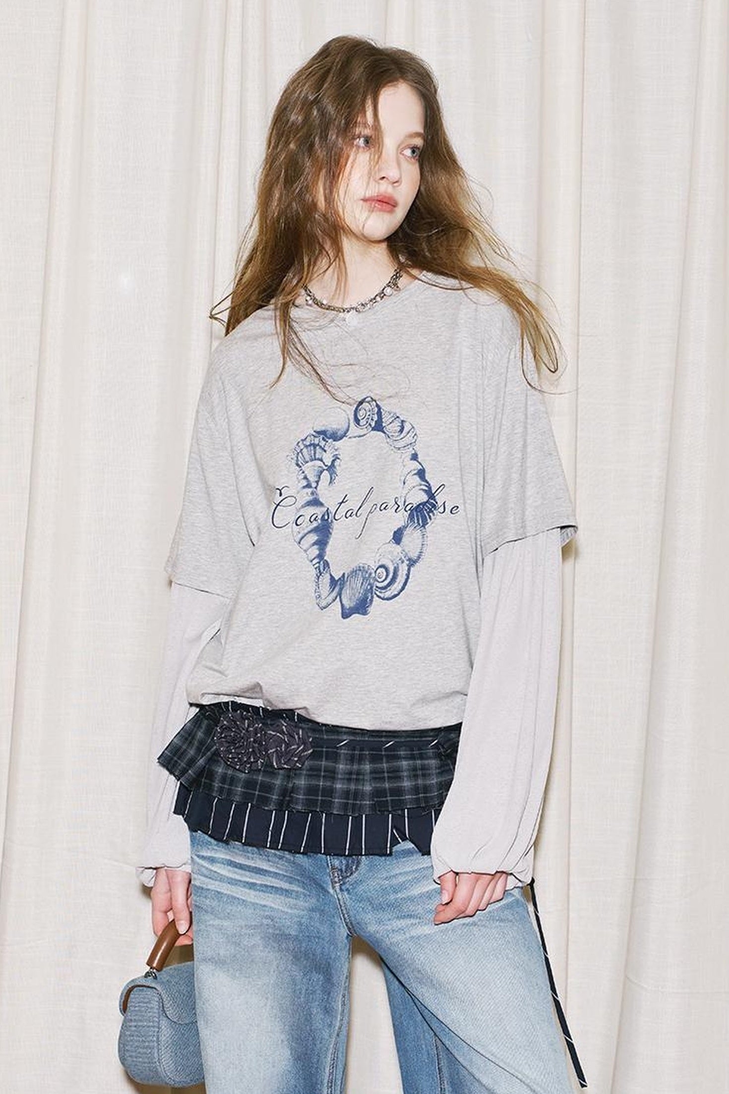 DIDDI MODA Ocean Shell Print Layered Loose Long Sleeve Tee