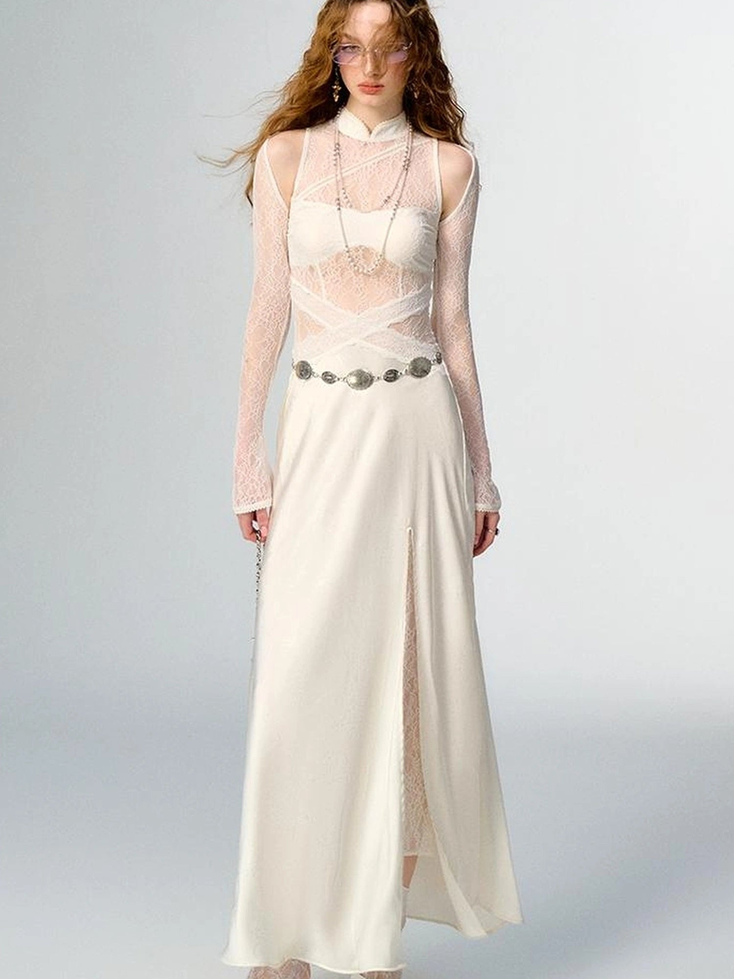 OfAkiva Agatha Lace Paneled Satin Slit Hem Midi Dress