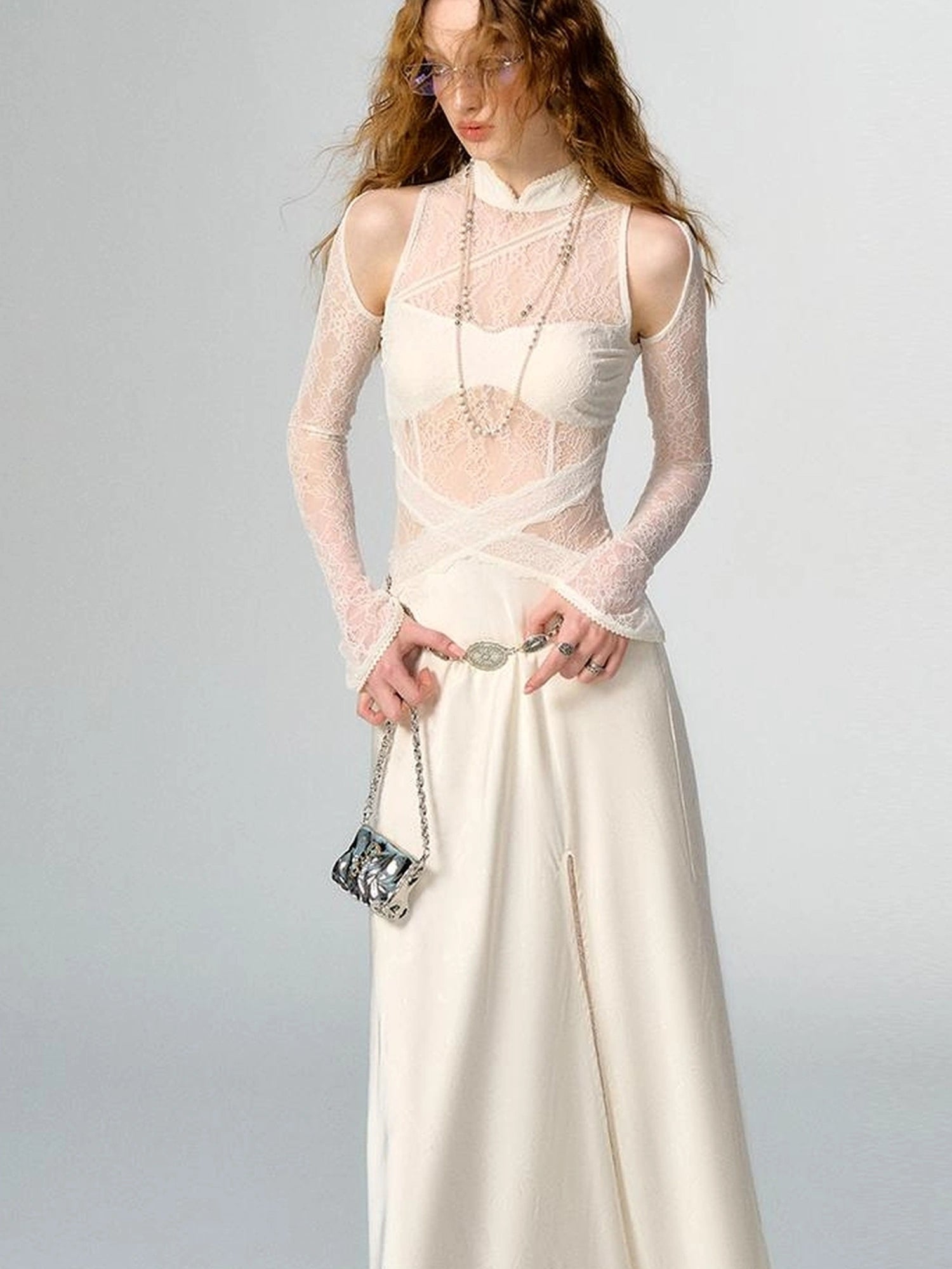 OfAkiva Agatha Lace Paneled Satin Slit Hem Midi Dress