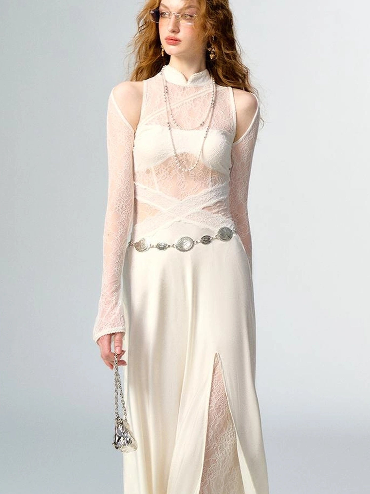 OfAkiva Agatha Lace Paneled Satin Slit Hem Midi Dress