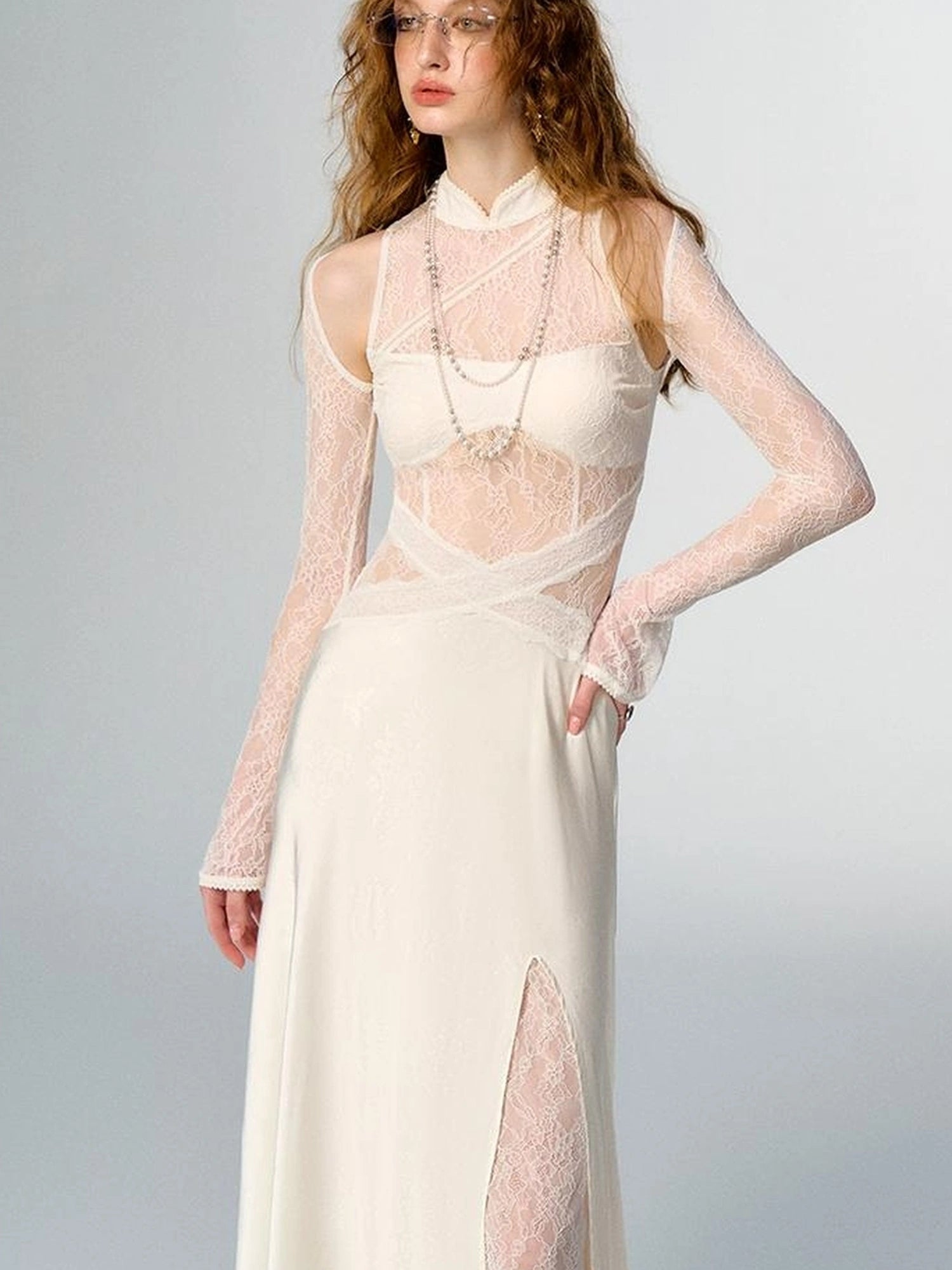 OfAkiva Agatha Lace Paneled Satin Slit Hem Midi Dress