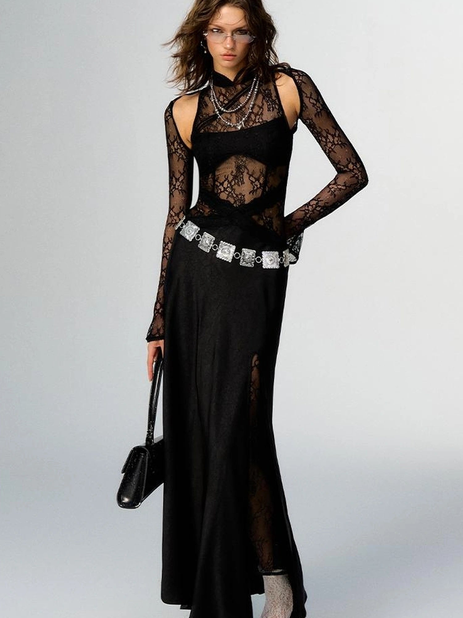 OfAkiva Agatha Lace Paneled Satin Slit Hem Midi Dress