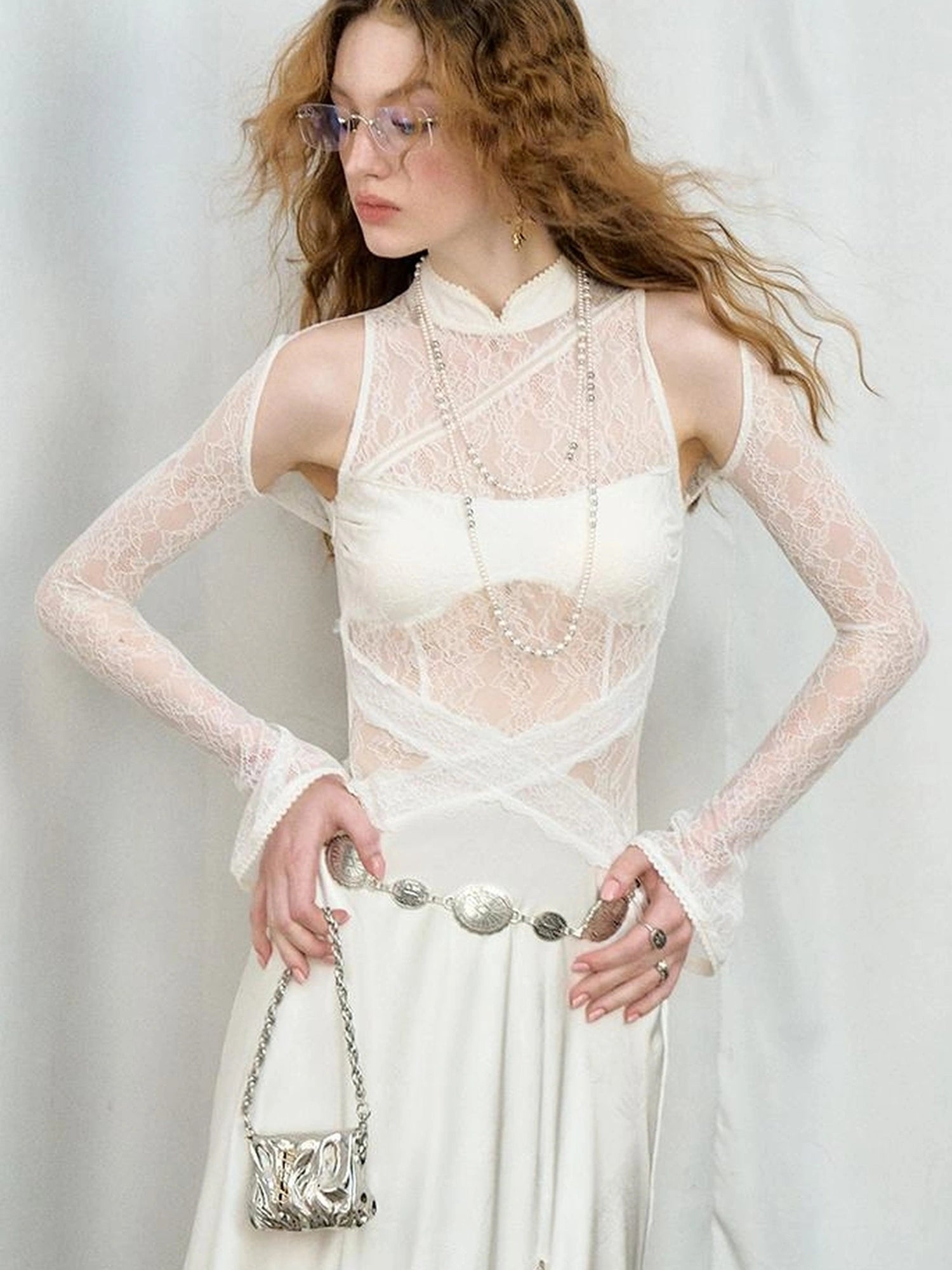 OfAkiva Agatha Lace Paneled Satin Slit Hem Midi Dress