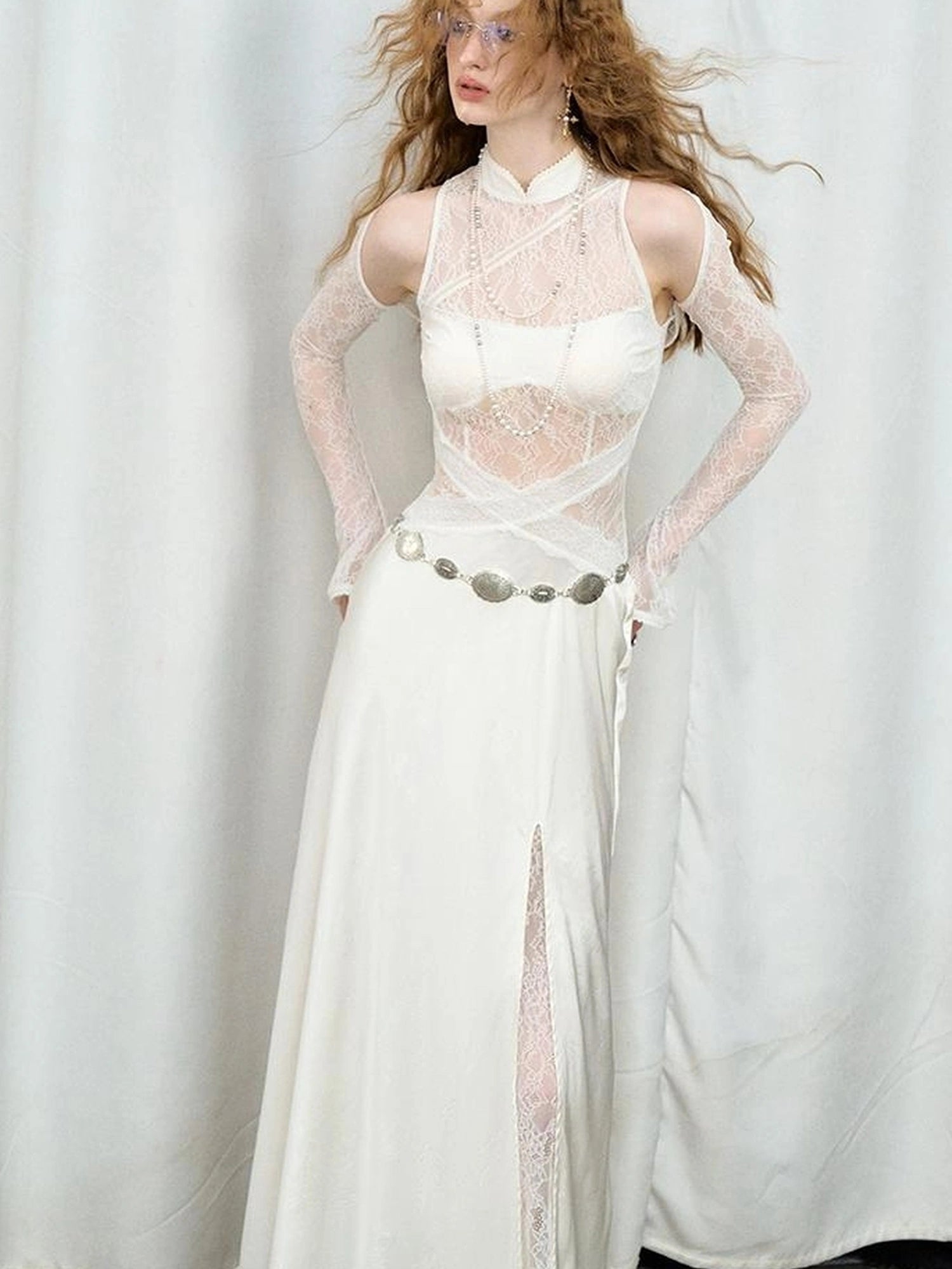 OfAkiva Agatha Lace Paneled Satin Slit Hem Midi Dress