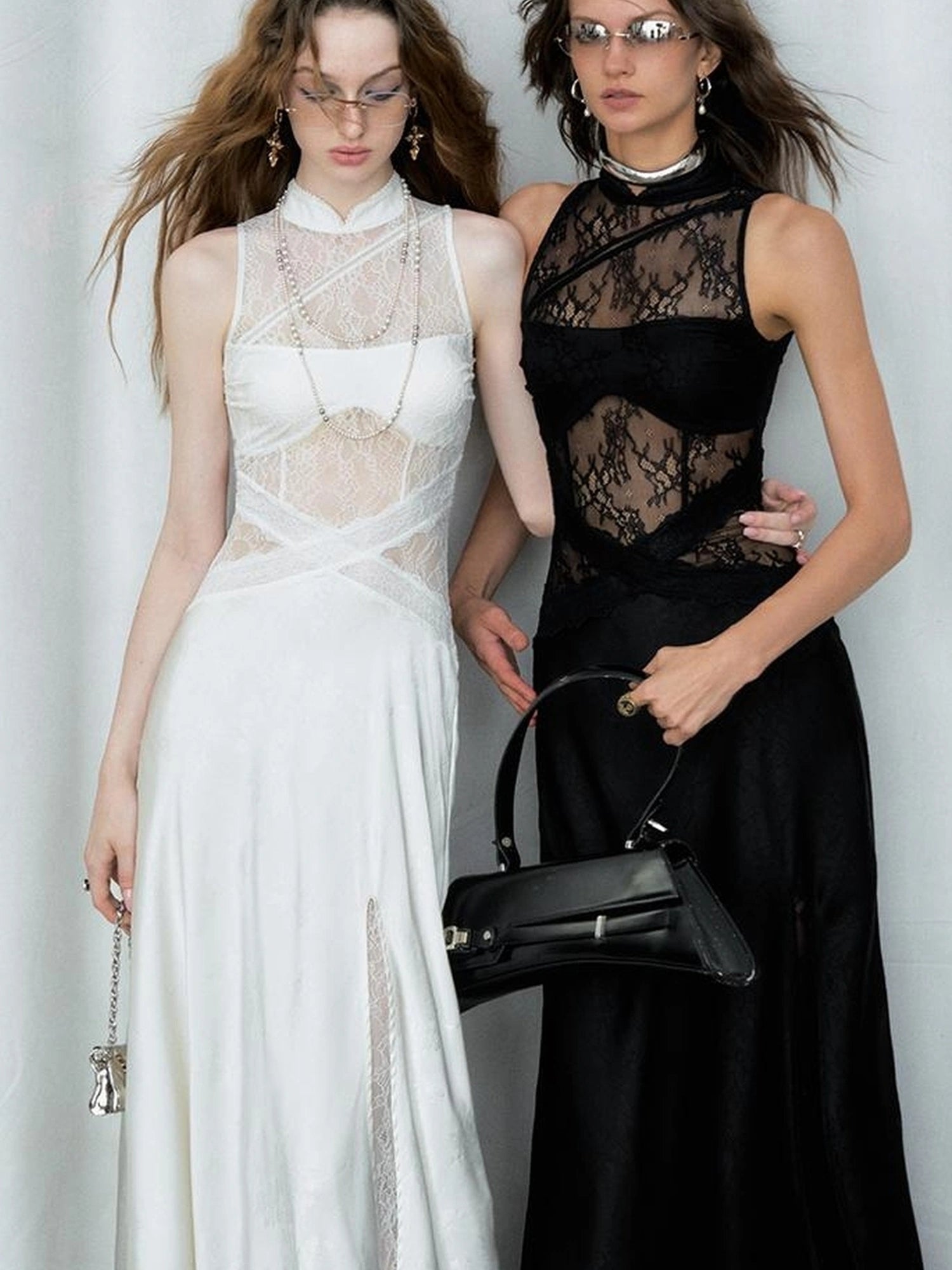 OfAkiva Agatha Lace Paneled Satin Slit Hem Midi Dress