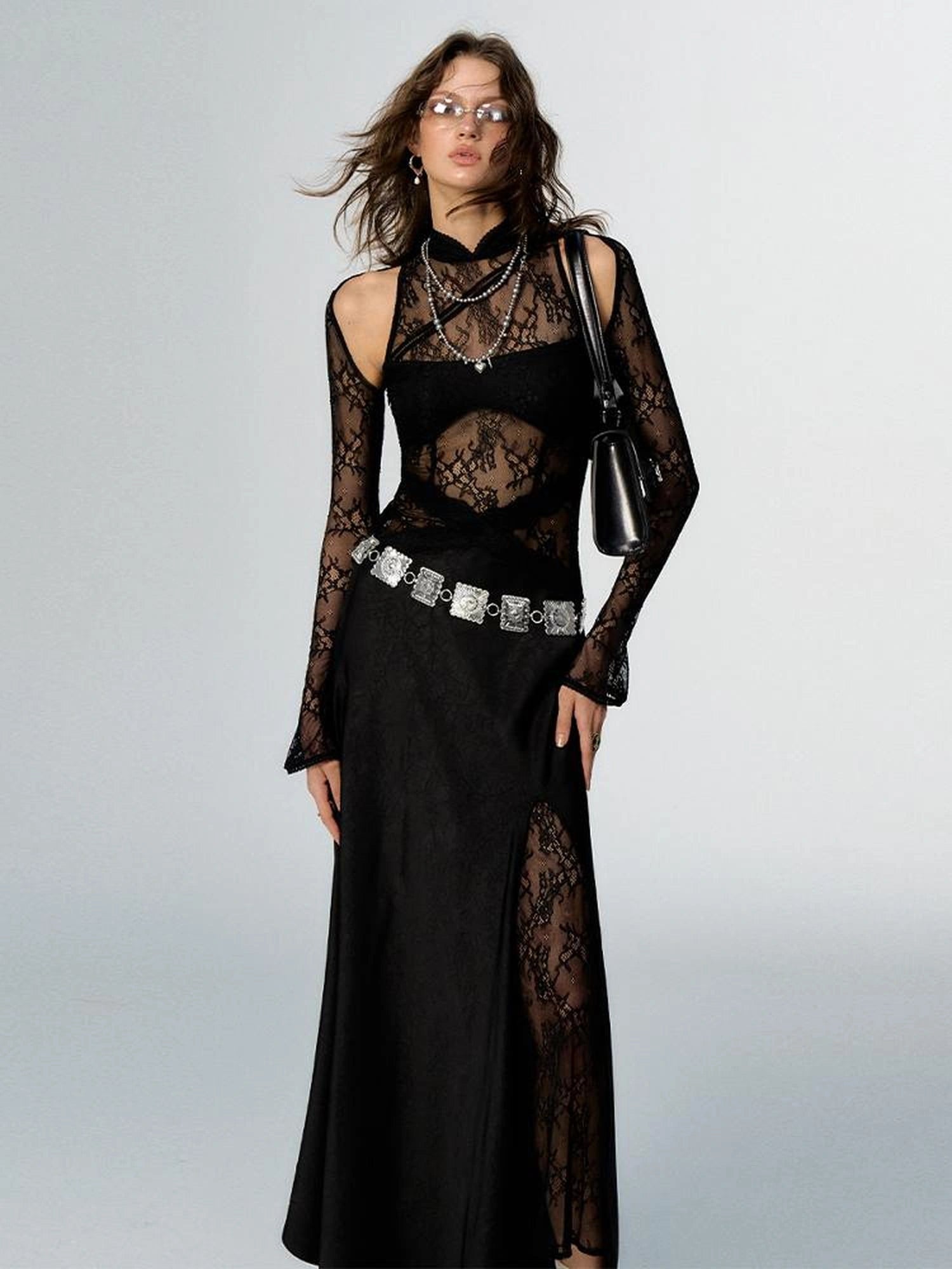 OfAkiva Agatha Lace Paneled Satin Slit Hem Midi Dress