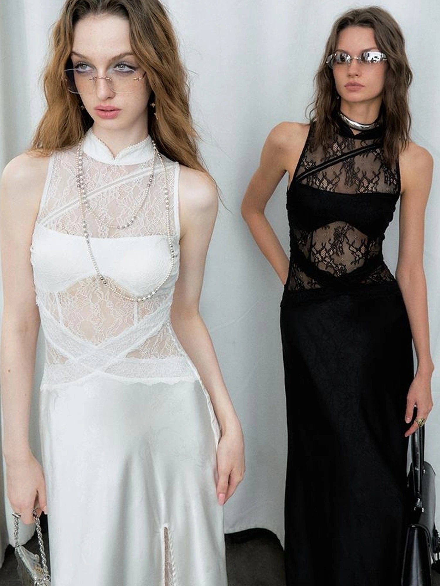 OfAkiva Agatha Lace Paneled Satin Slit Hem Midi Dress