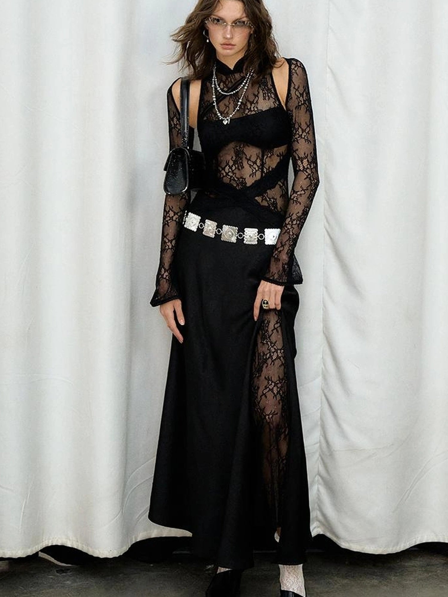 OfAkiva Agatha Lace Paneled Satin Slit Hem Midi Dress