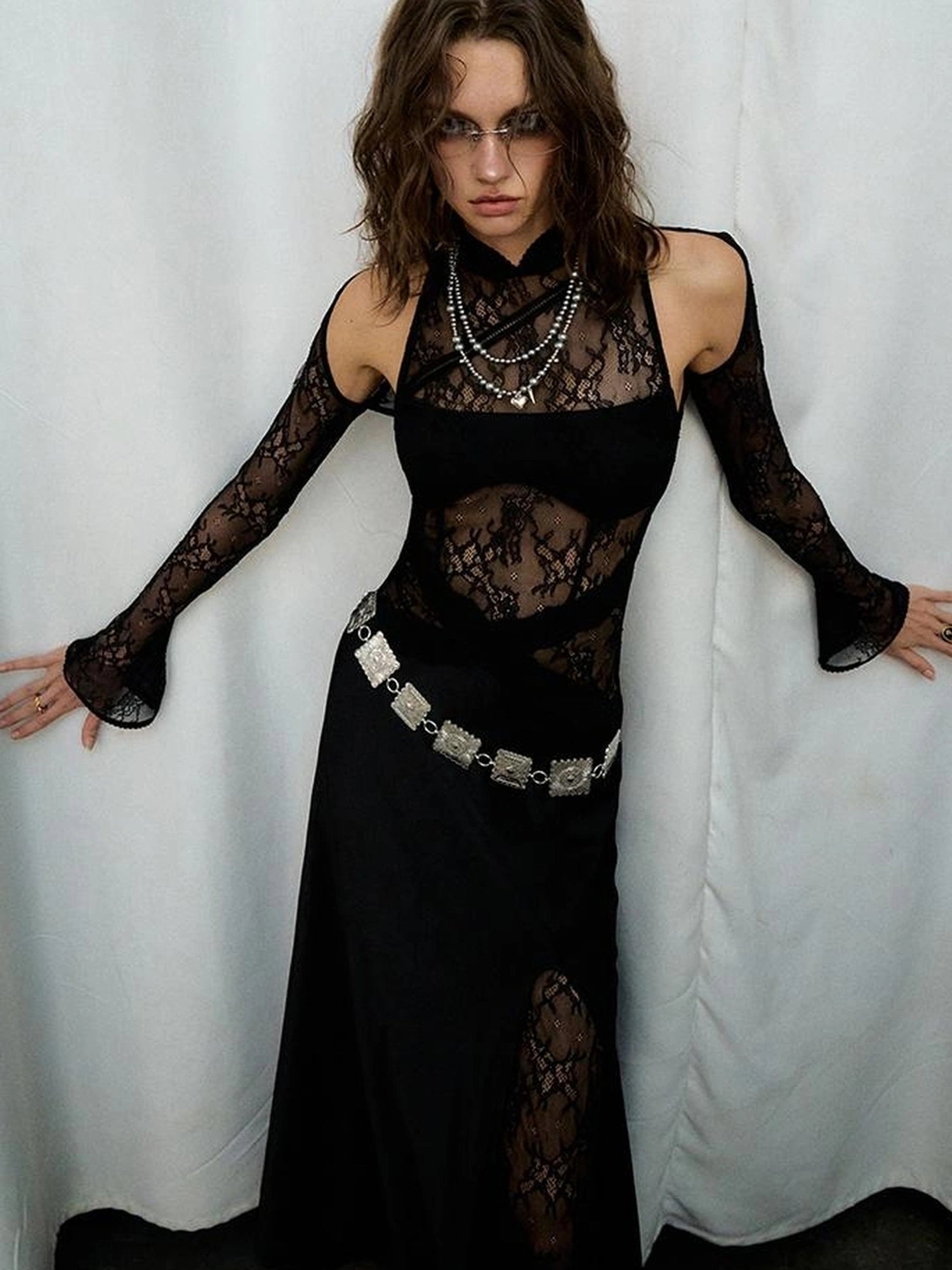 OfAkiva Agatha Lace Paneled Satin Slit Hem Midi Dress