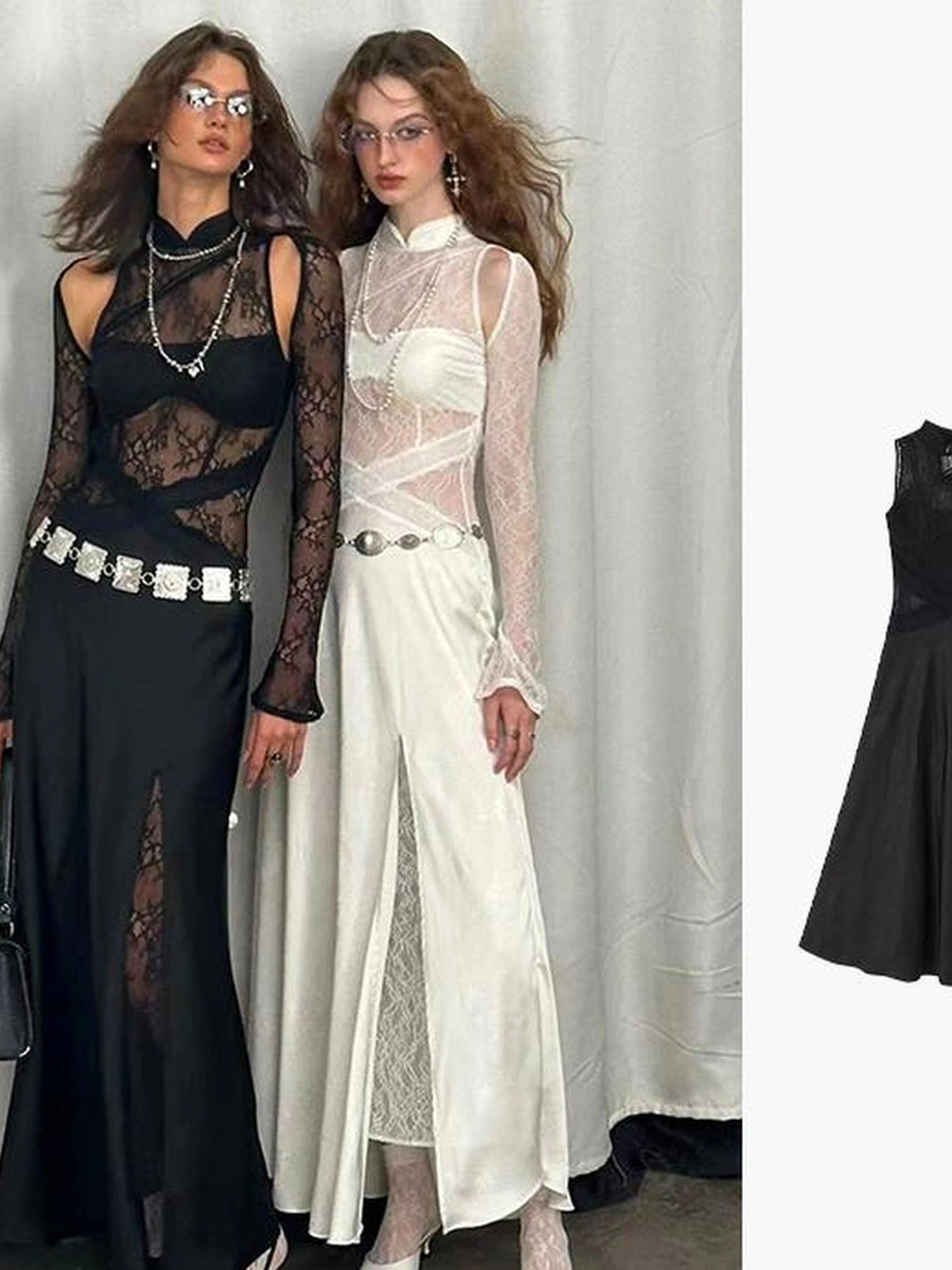 OfAkiva Agatha Lace Paneled Satin Slit Hem Midi Dress