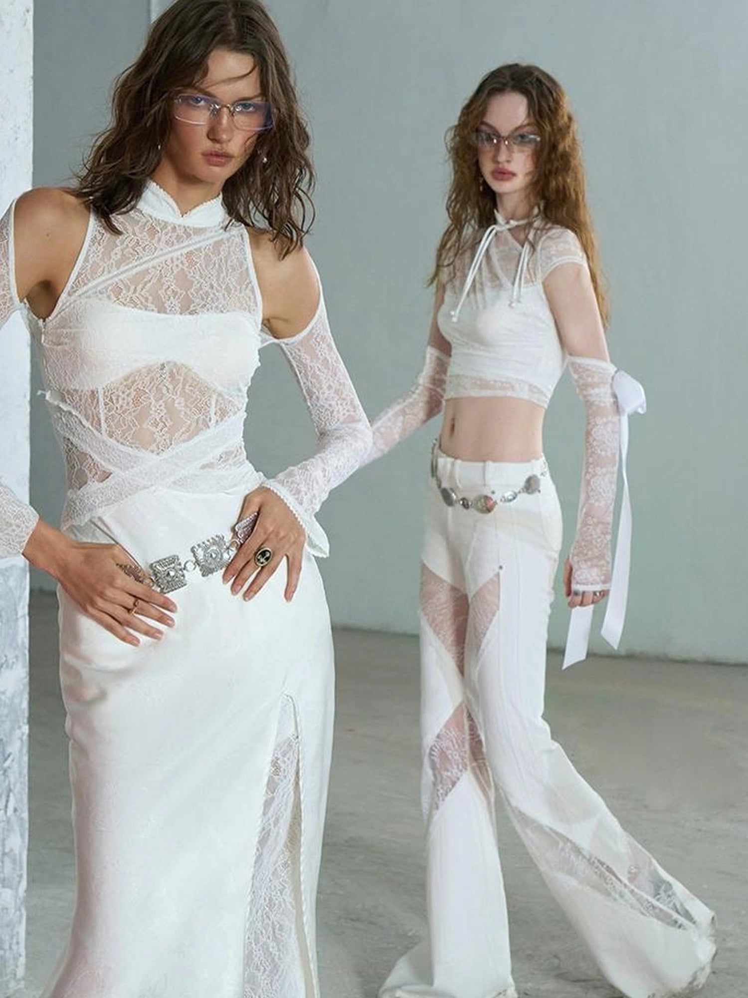 OfAkiva Agatha Lace Paneled Satin Slit Hem Midi Dress