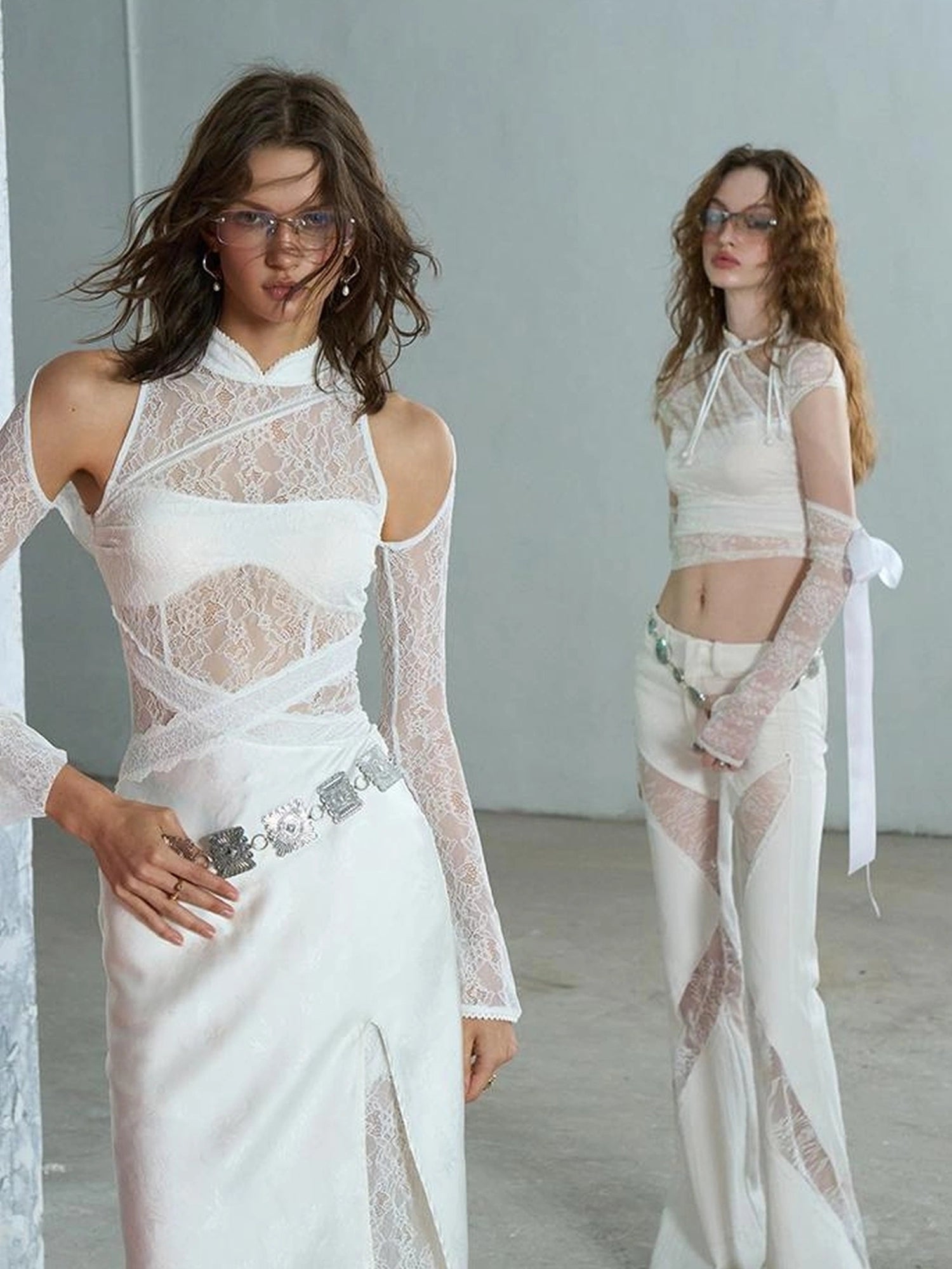 OfAkiva Agatha Lace Paneled Satin Slit Hem Midi Dress