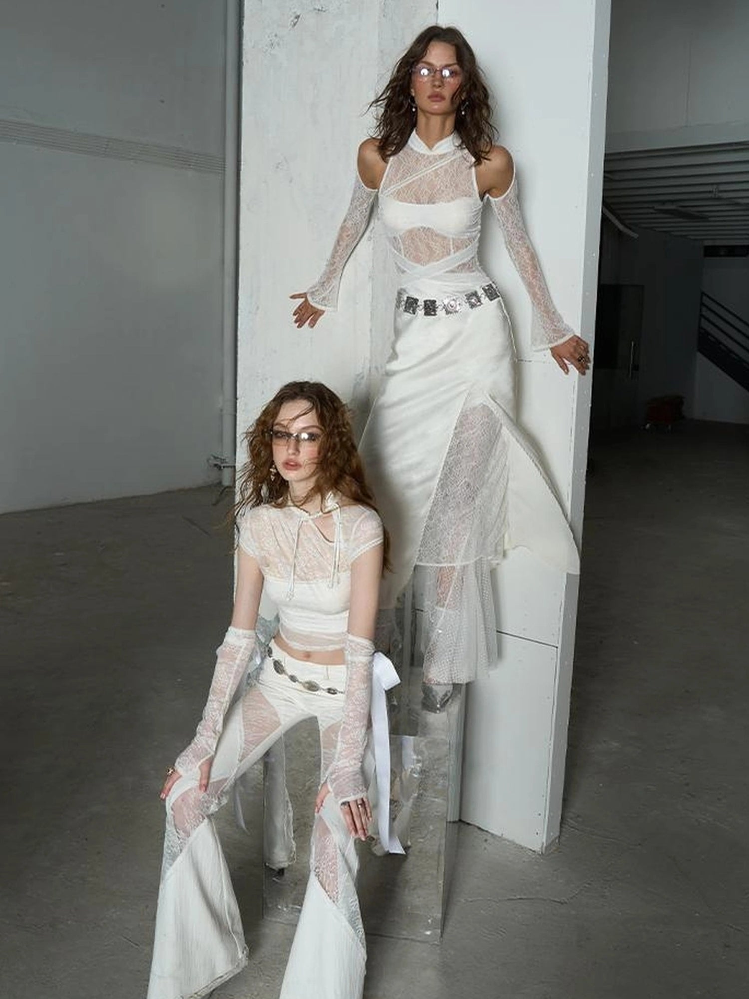 OfAkiva Agatha Lace Paneled Satin Slit Hem Midi Dress