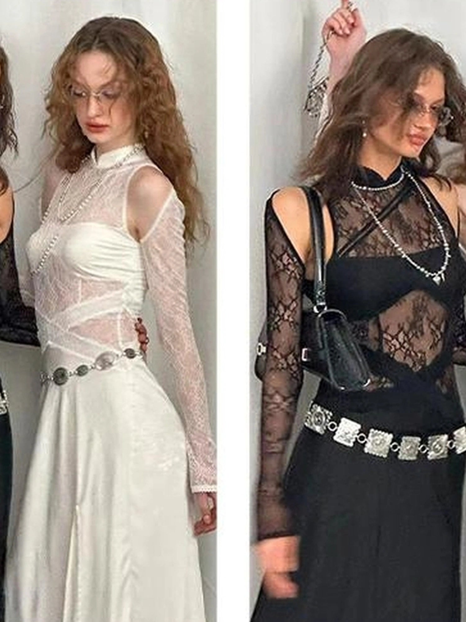 OfAkiva Agatha Lace Paneled Satin Slit Hem Midi Dress