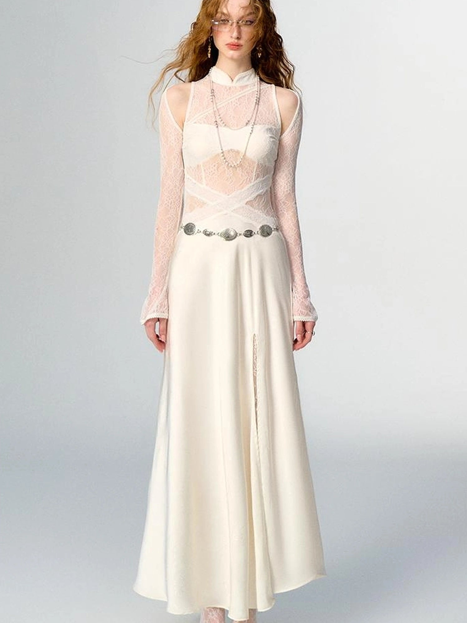 OfAkiva Agatha Lace Paneled Satin Slit Hem Midi Dress