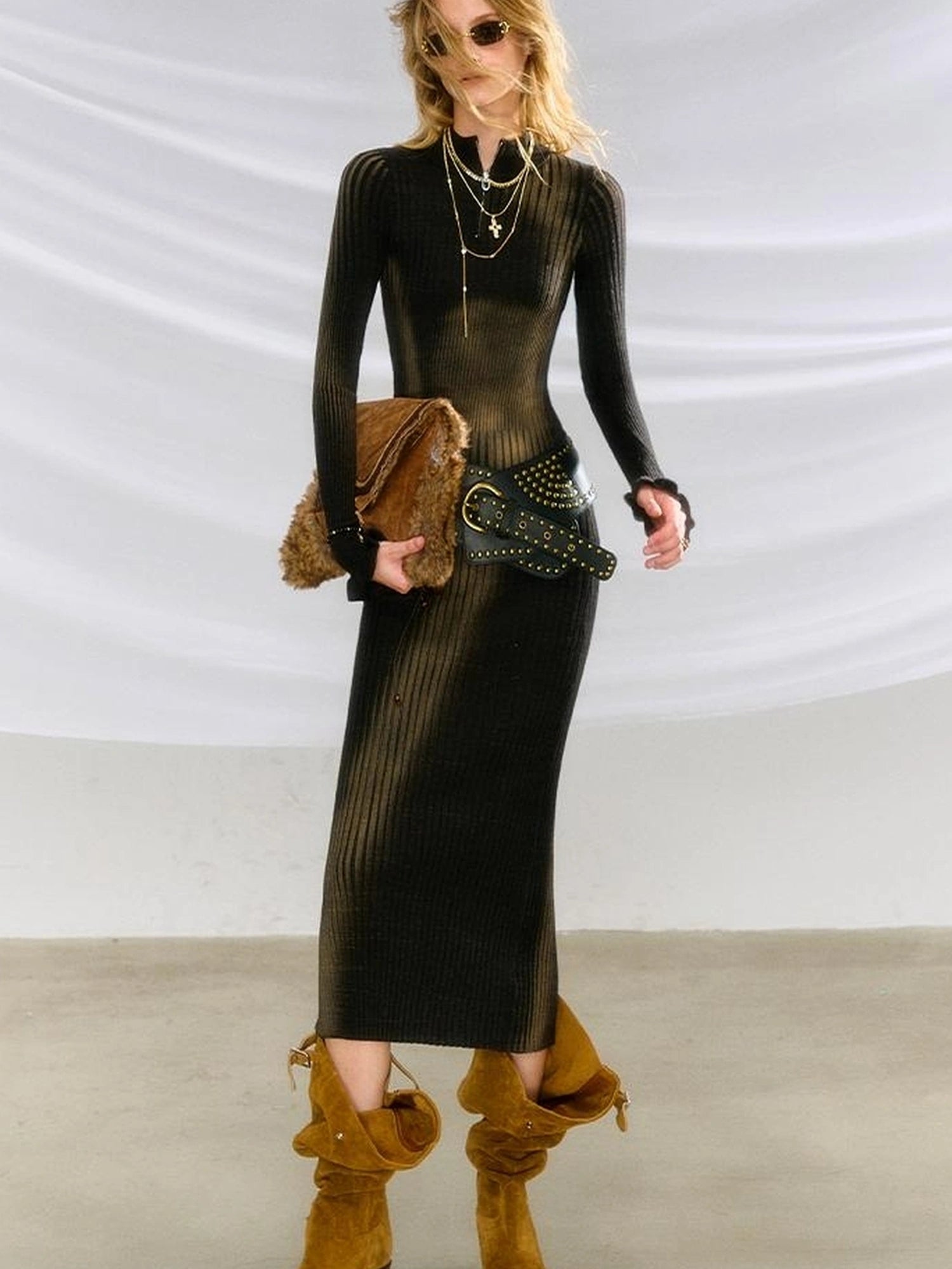 OfAkiva Akiva Abstract Print Knit Dress V-neck T-shirt Long Sleeve