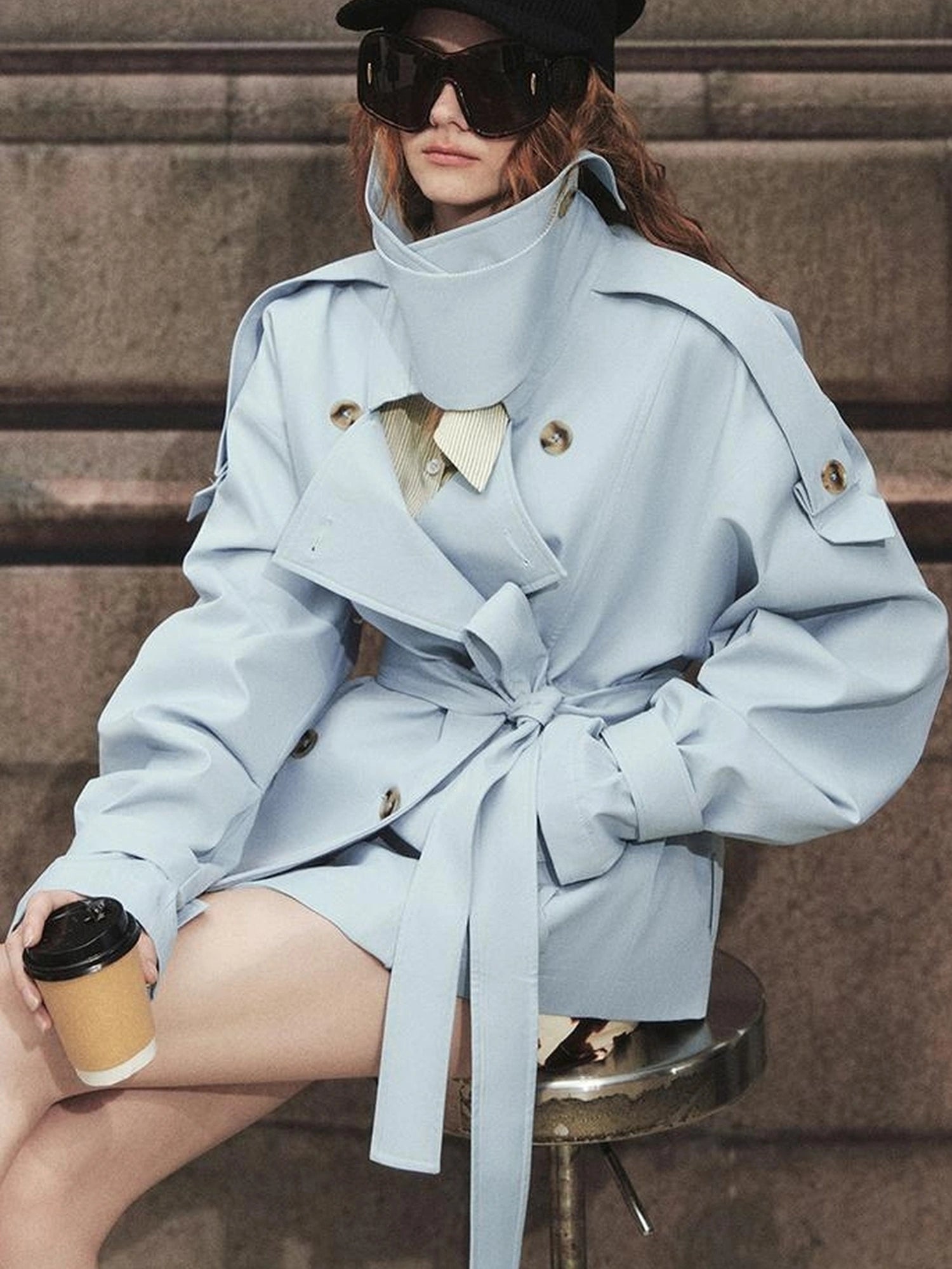 OfAkiva Akiva Casablanca Double Breasted Short Trench Coat