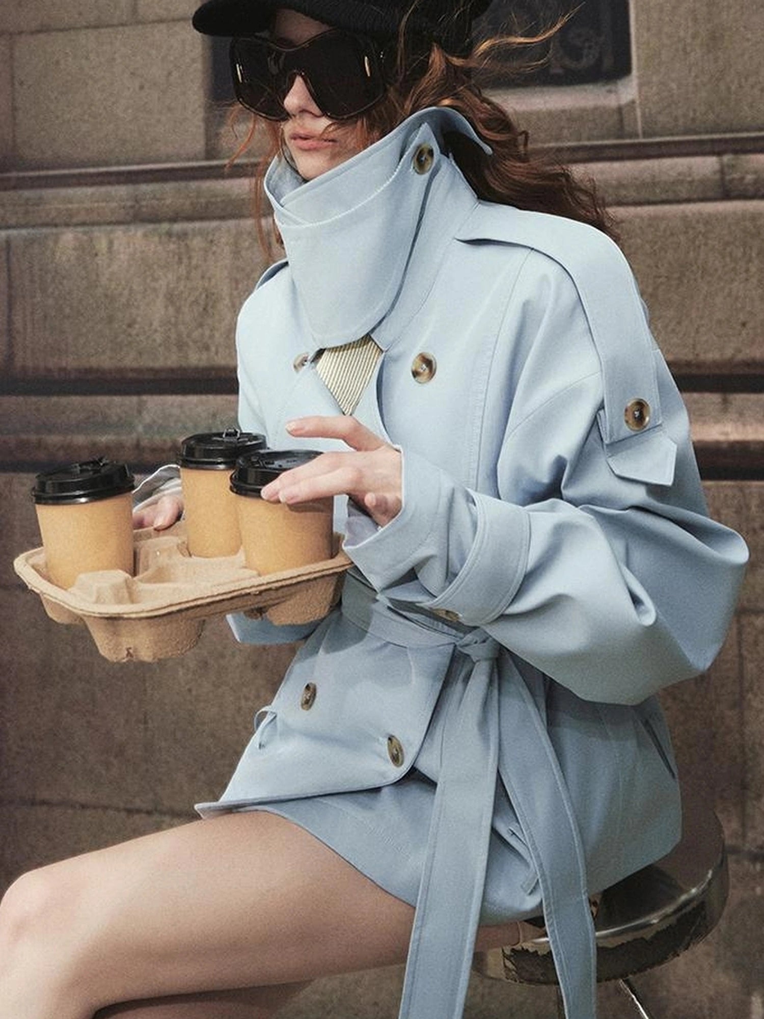 OfAkiva Akiva Casablanca Double Breasted Short Trench Coat