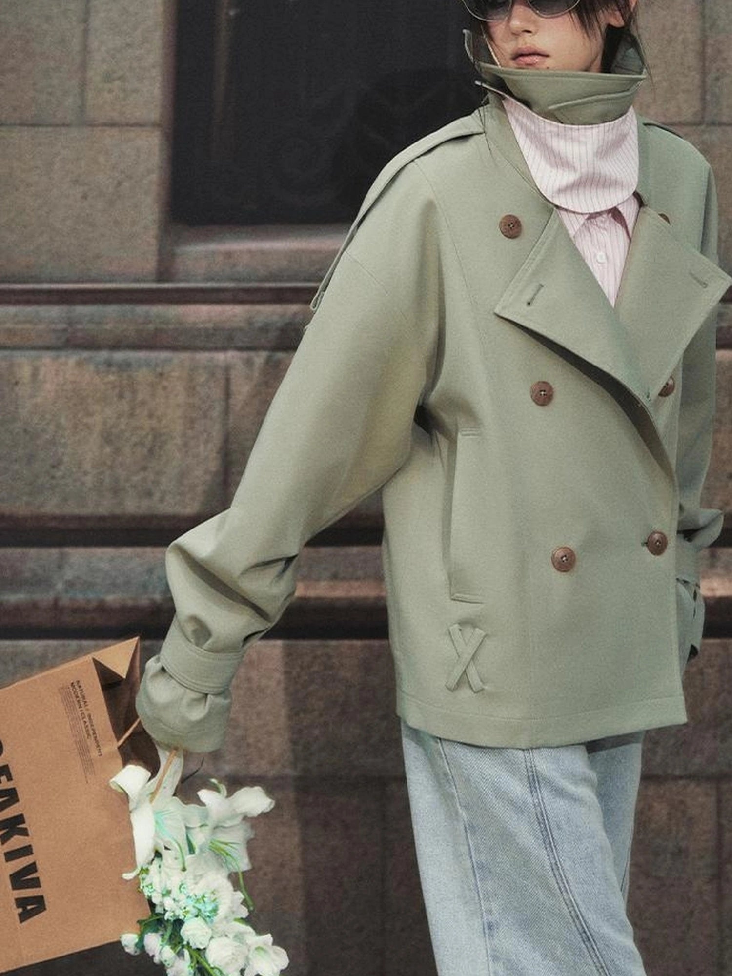 OfAkiva Akiva Casablanca Double Breasted Short Trench Coat