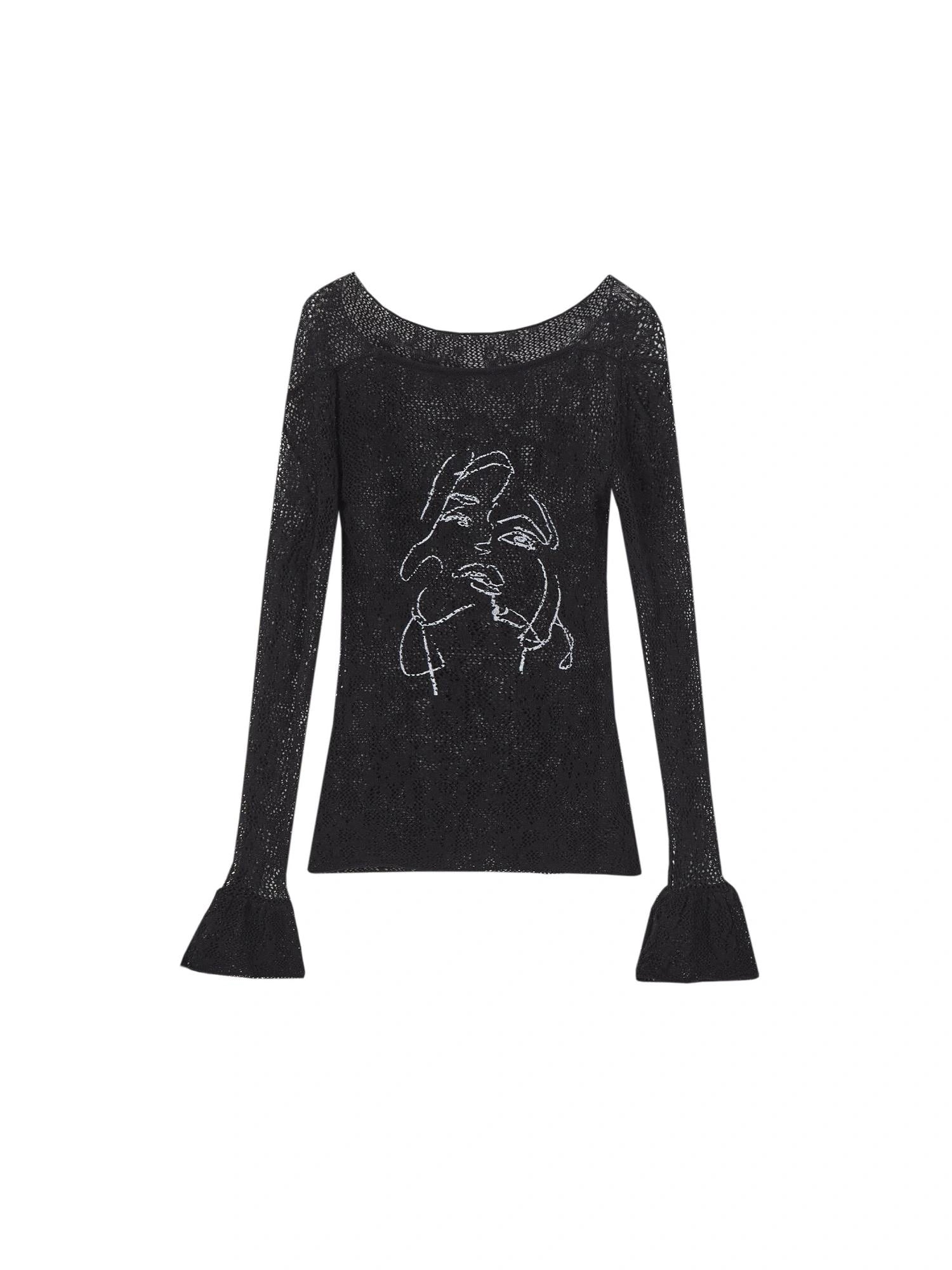 OfAkiva Akiva Chant Sheer Lace Knit Flare Sleeve Top