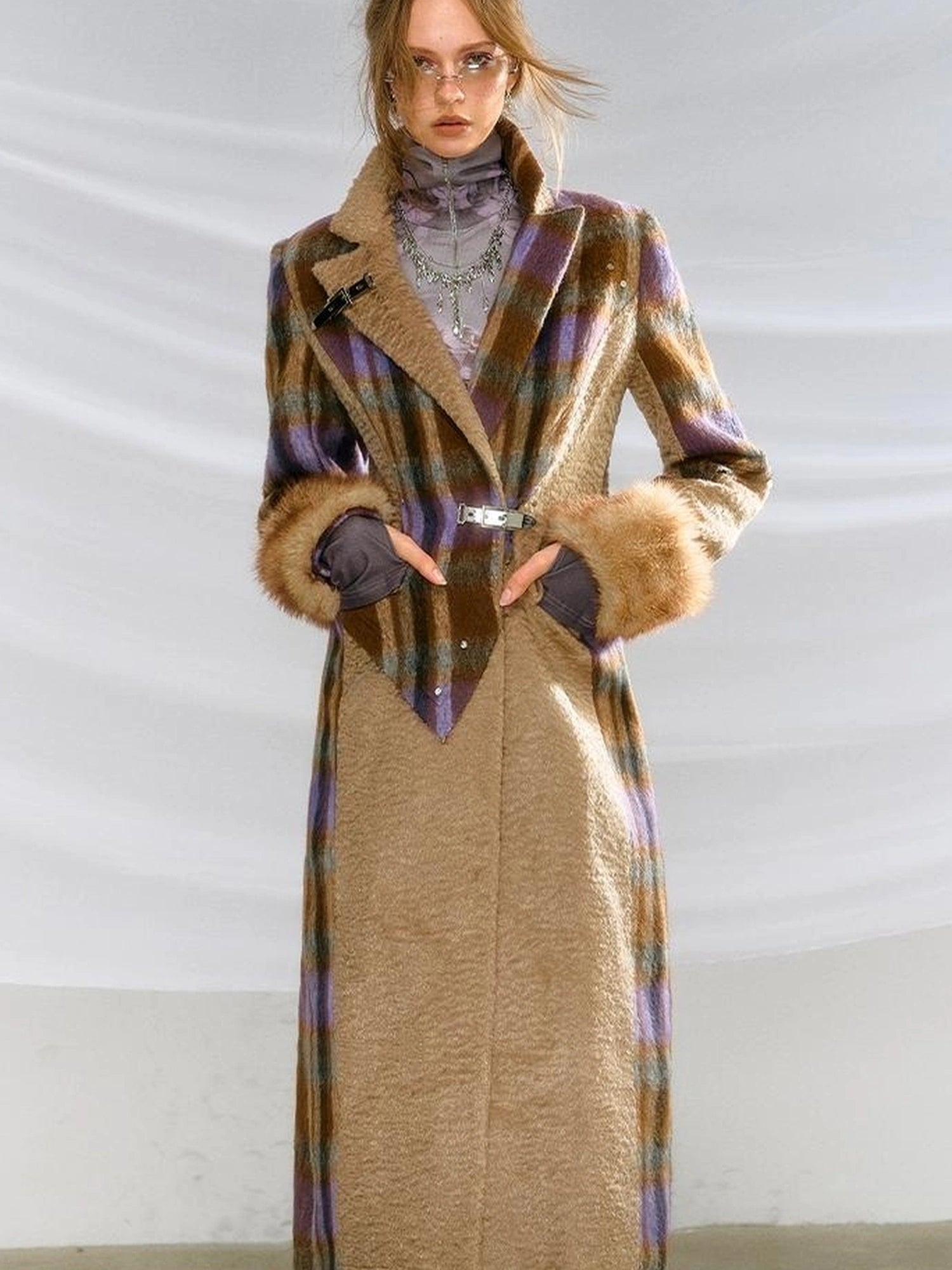 OfAkiva Akiva Color Block Houndstooth Long Coat