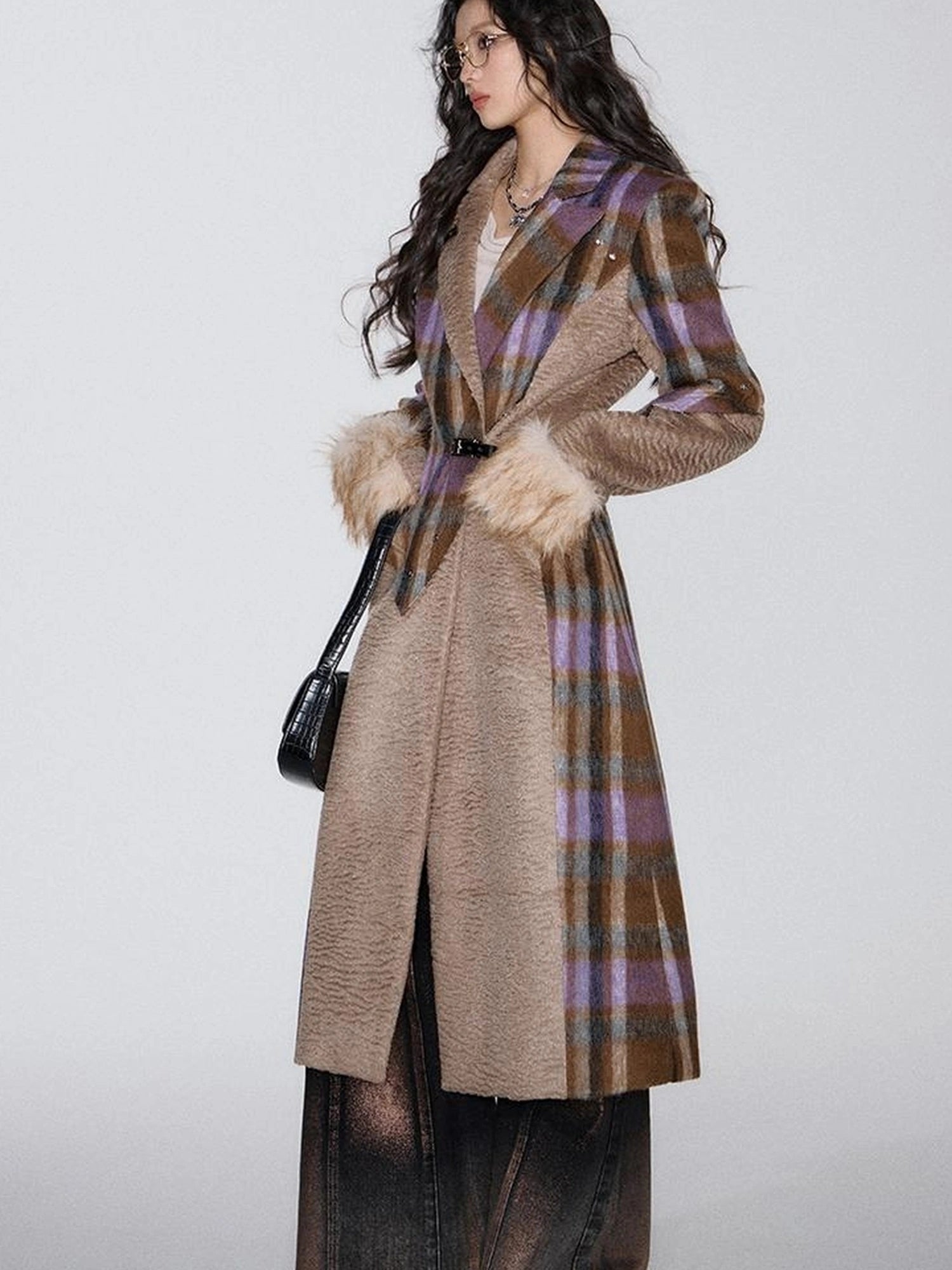 OfAkiva Akiva Color Block Houndstooth Long Coat