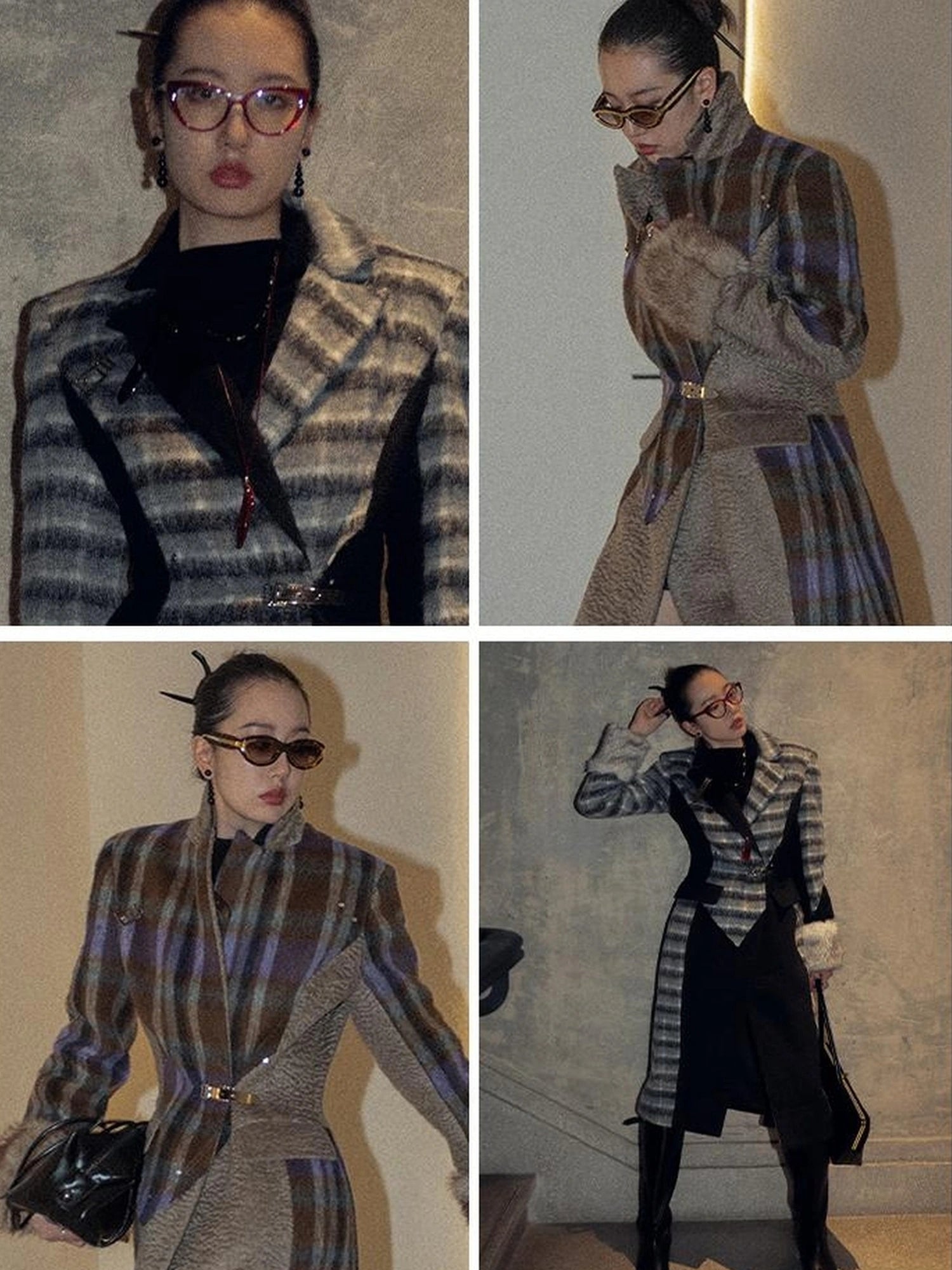 OfAkiva Akiva Color Block Houndstooth Long Coat