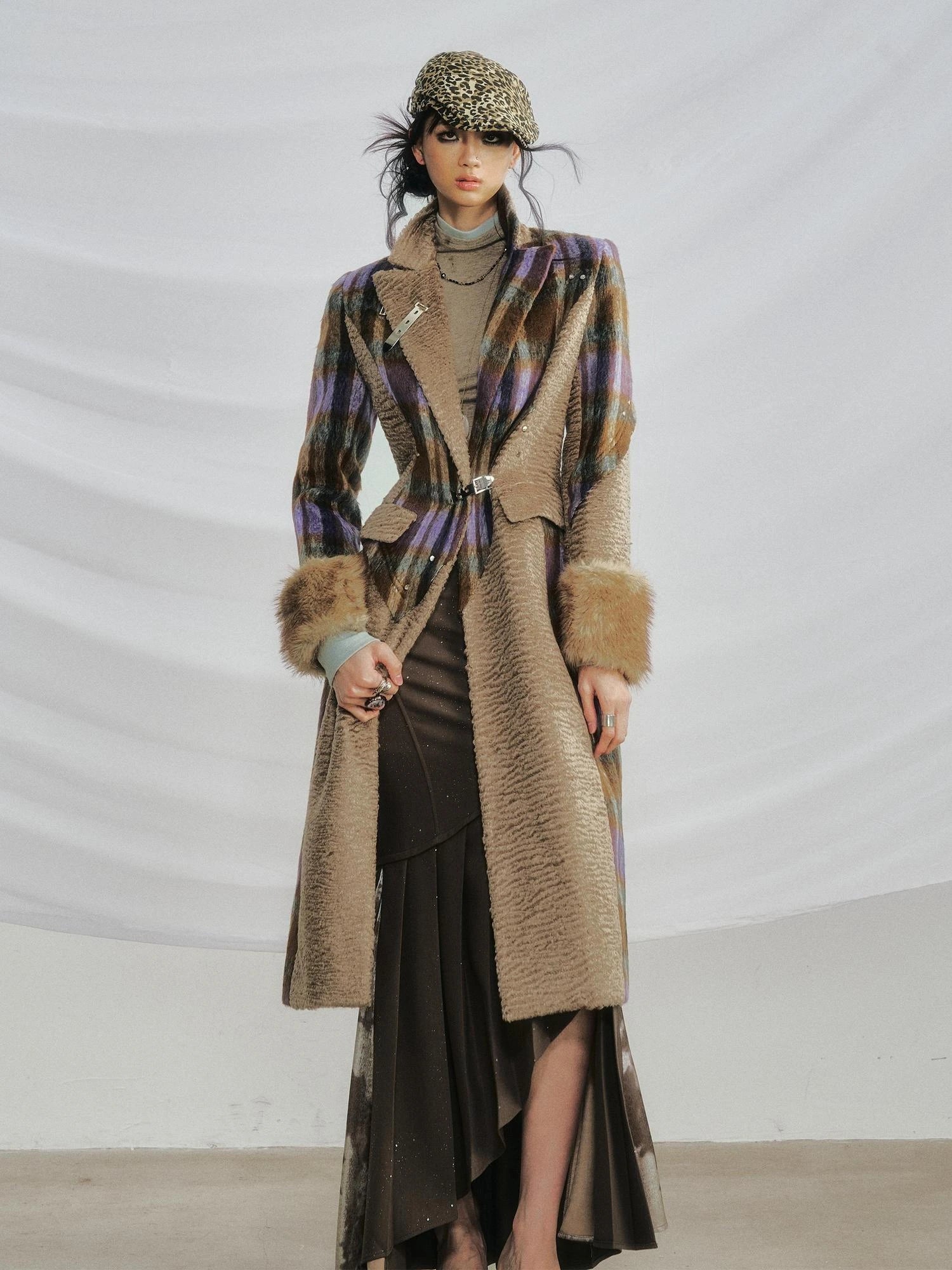 OfAkiva Akiva Color Block Houndstooth Long Coat