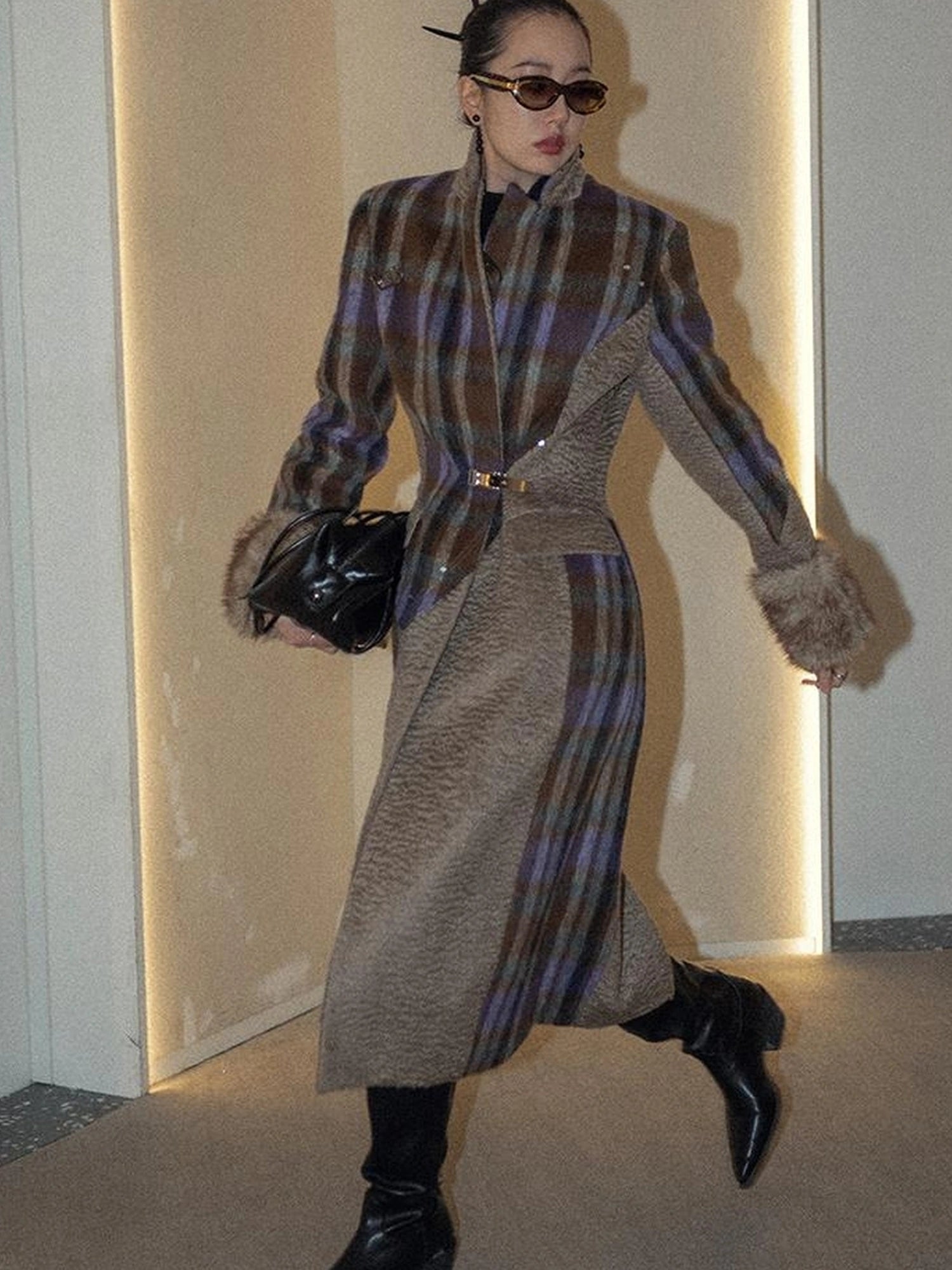 OfAkiva Akiva Color Block Houndstooth Long Coat