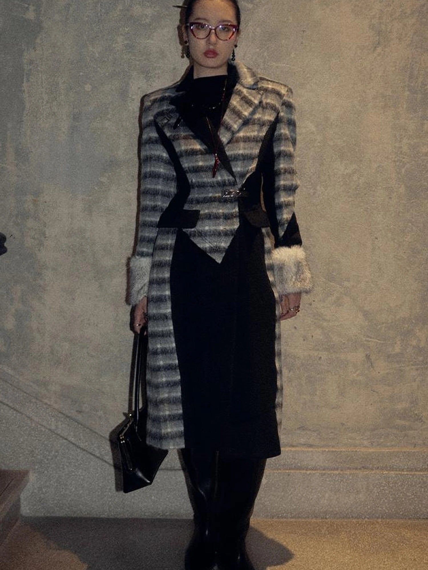 OfAkiva Akiva Color Block Houndstooth Long Coat