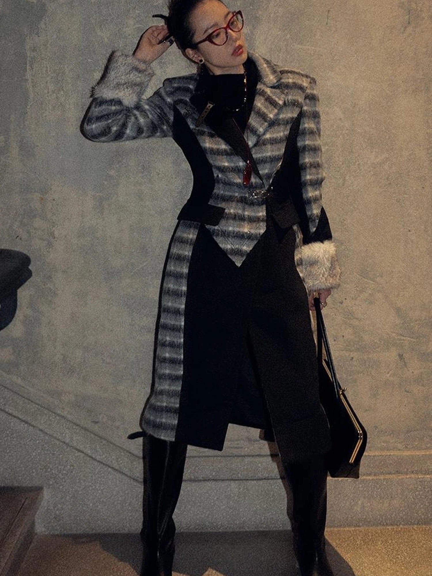 OfAkiva Akiva Color Block Houndstooth Long Coat