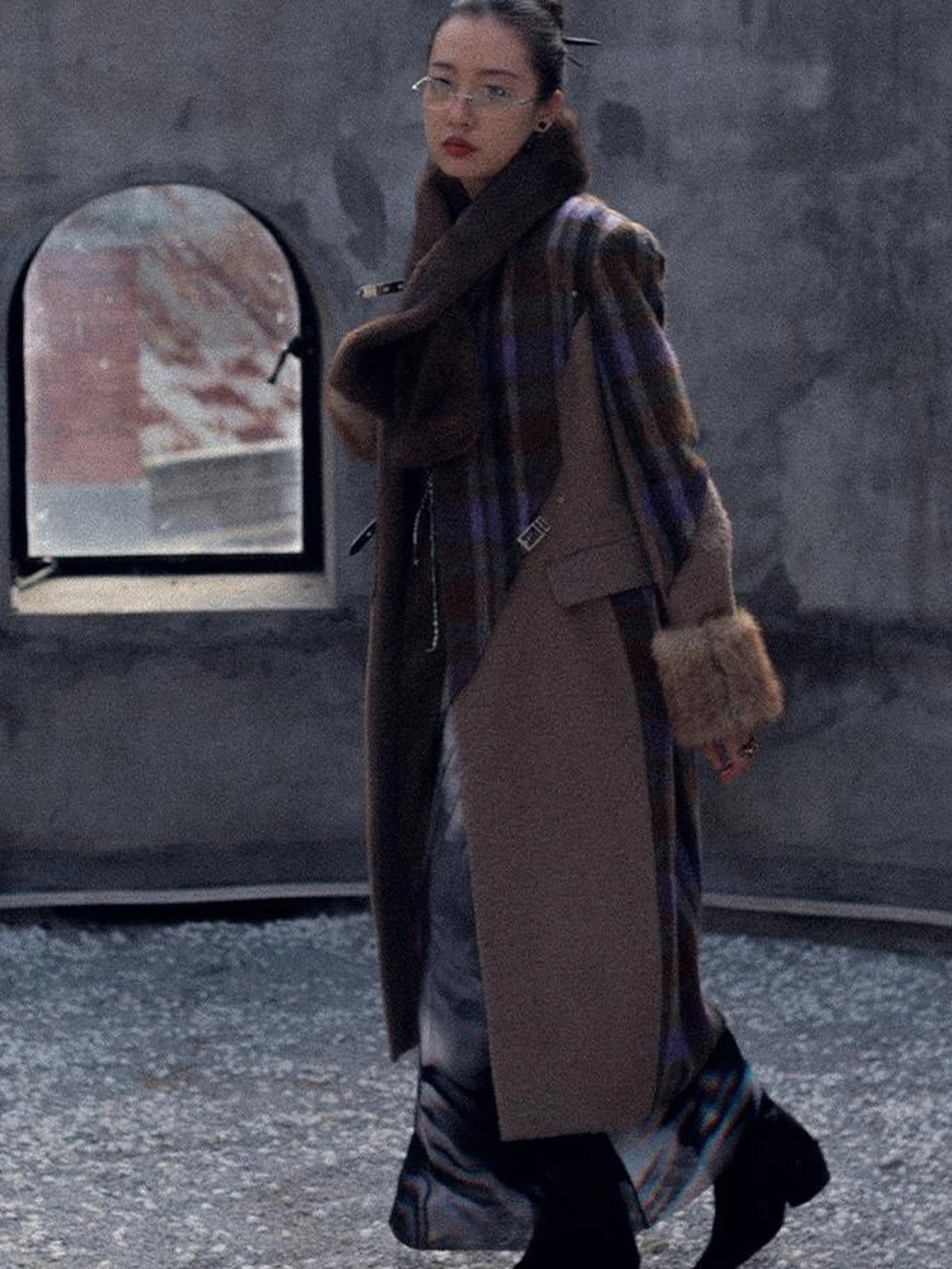 OfAkiva Akiva Color Block Houndstooth Long Coat